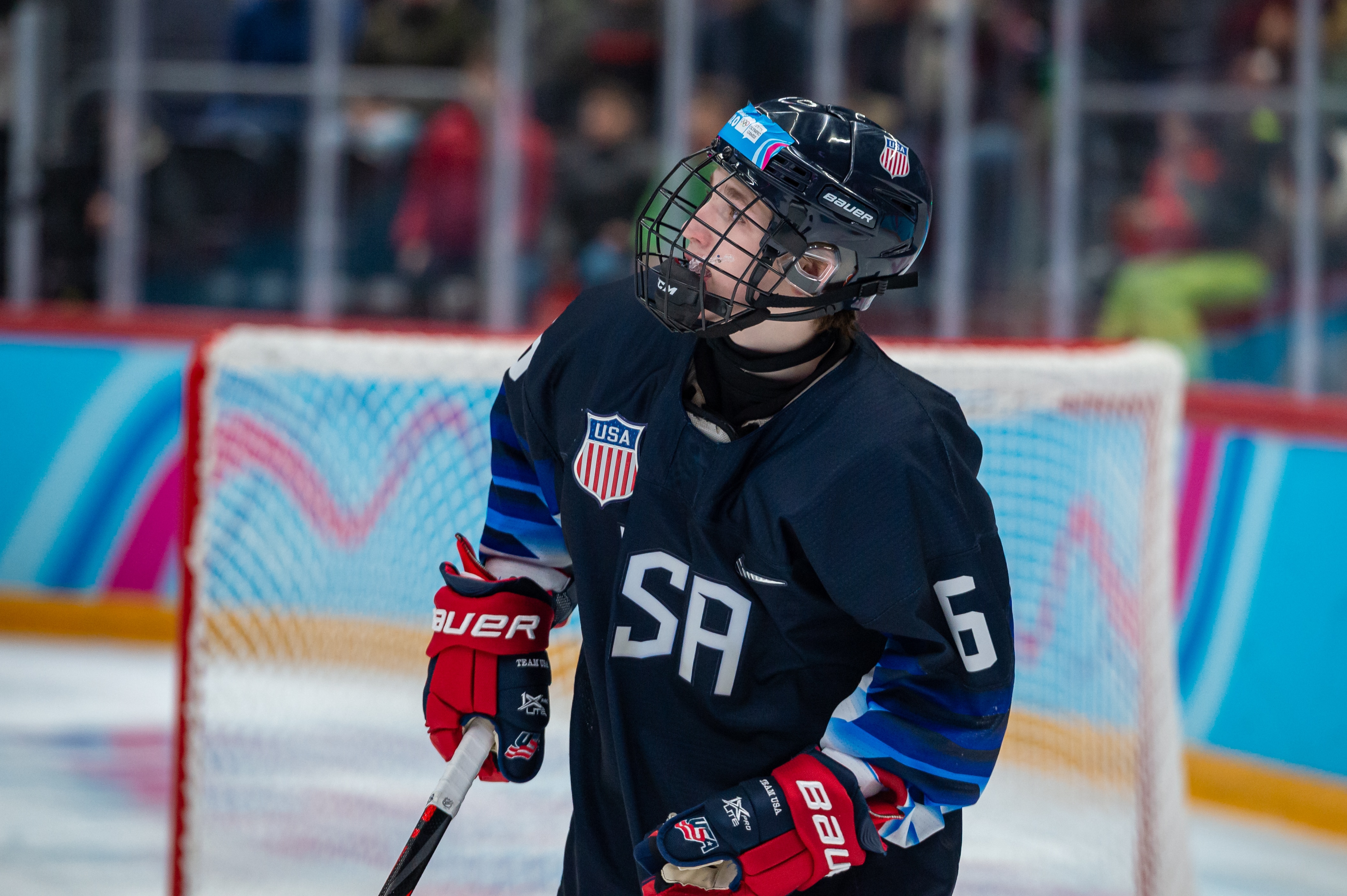 LAUSANNE, SWITZERLAND - JANUARY 21: #6 Lane Hutson of United States looks on during Men's 6-Team Tournament Semifinals Game between United States and Canada of the Lausanne 2020 Winter Youth Olympics on January 21, 2020 in Lausanne, Switzerland. (Photo by RvS.Media/Monika Majer/Getty Images)