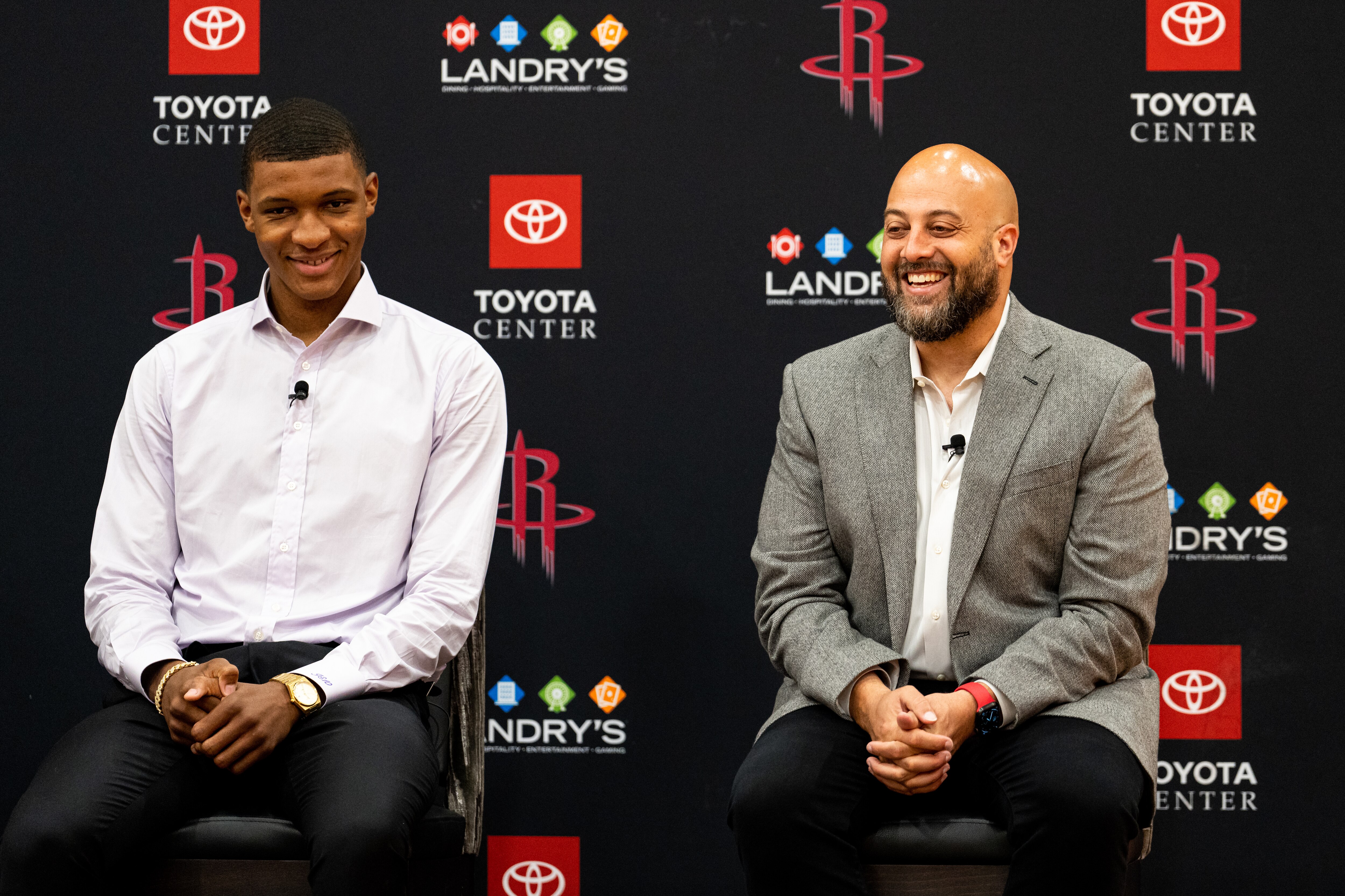 HOUSTON, TX - JUNE 27:  Jabari Smith Jr. and General Manager, Rafael Stone of the Houston Rockets talk to the media during the Houston Rockets Draft Press Conference on June 27, 2022 at the Toyota Center in Houston, Texas. NOTE TO USER: User expressly acknowledges and agrees that, by downloading and or using this photograph, User is consenting to the terms and conditions of the Getty Images License Agreement. Mandatory Copyright Notice: Copyright 2022 NBAE (Photo by Cato Cataldo/NBAE via Getty Images)