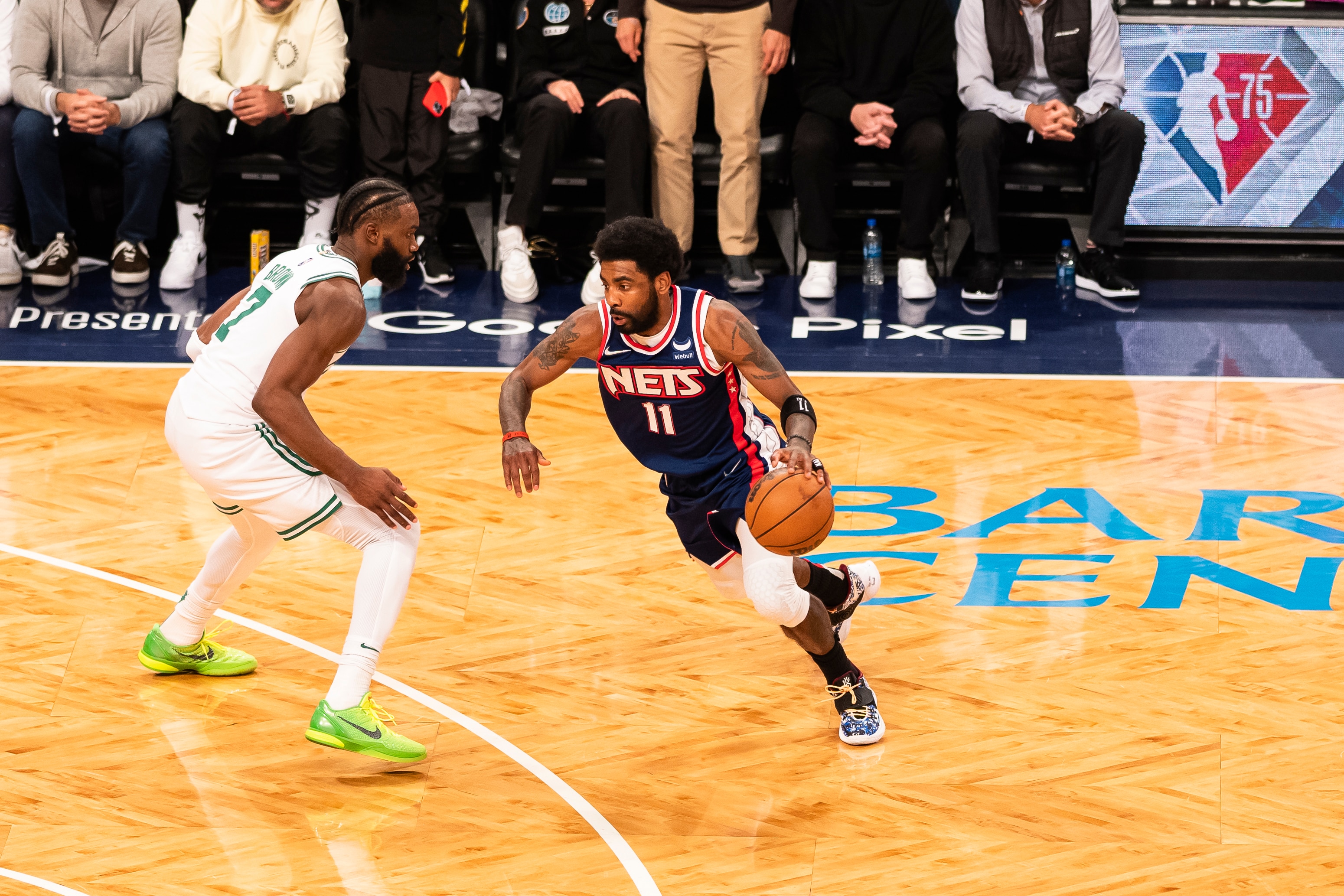 BROOKLYN, NY - APRIL 25: Kyrie Irving #11 of the Brooklyn Nets handles the ball against the Boston Celtics during Round 1 Game 4 of the NBA Playoffs on April 25, 2022 at the Barclays Center in Brooklyn, New York. NOTE TO USER: User expressly acknowledges and agrees that, by downloading and/or using this photograph, user is consenting to the terms and conditions of the Getty Images License Agreement. Mandatory Copyright Notice: Copyright 2022 NBAE (Photo by Evan Yu/NBAE via Getty Images)