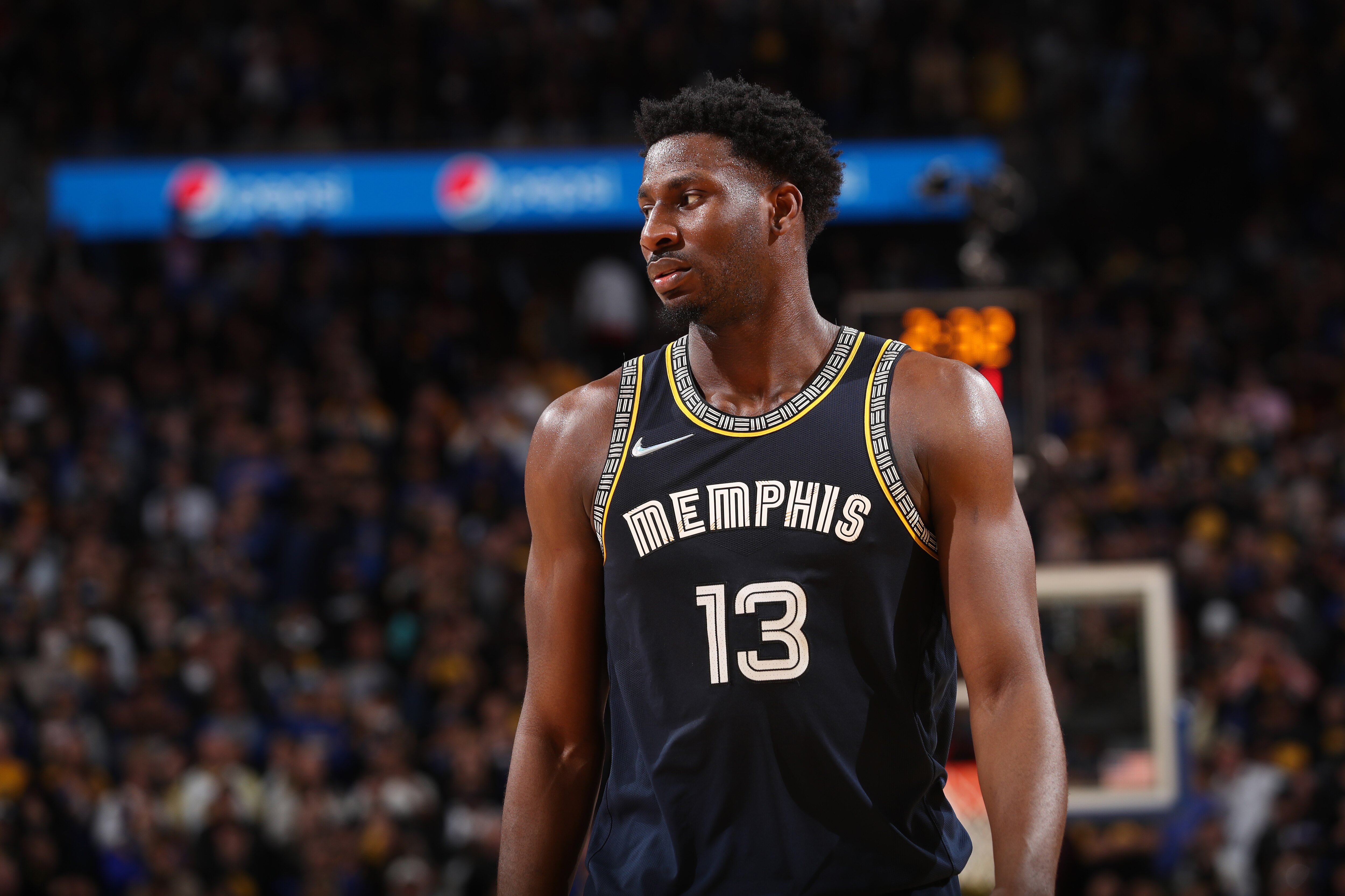 SAN FRANCISCO, CA - MAY 9: Jaren Jackson Jr. #13 of the Memphis Grizzlies looks on against the Golden State Warriors during Game 4 of the 2022 NBA Playoffs Western Conference Semifinals on May 9, 2022 at Chase Center in San Francisco, California. NOTE TO USER: User expressly acknowledges and agrees that, by downloading and or using this photograph, user is consenting to the terms and conditions of Getty Images License Agreement. Mandatory Copyright Notice: Copyright 2022 NBAE (Photo by Joe Murphy/NBAE via Getty Images)