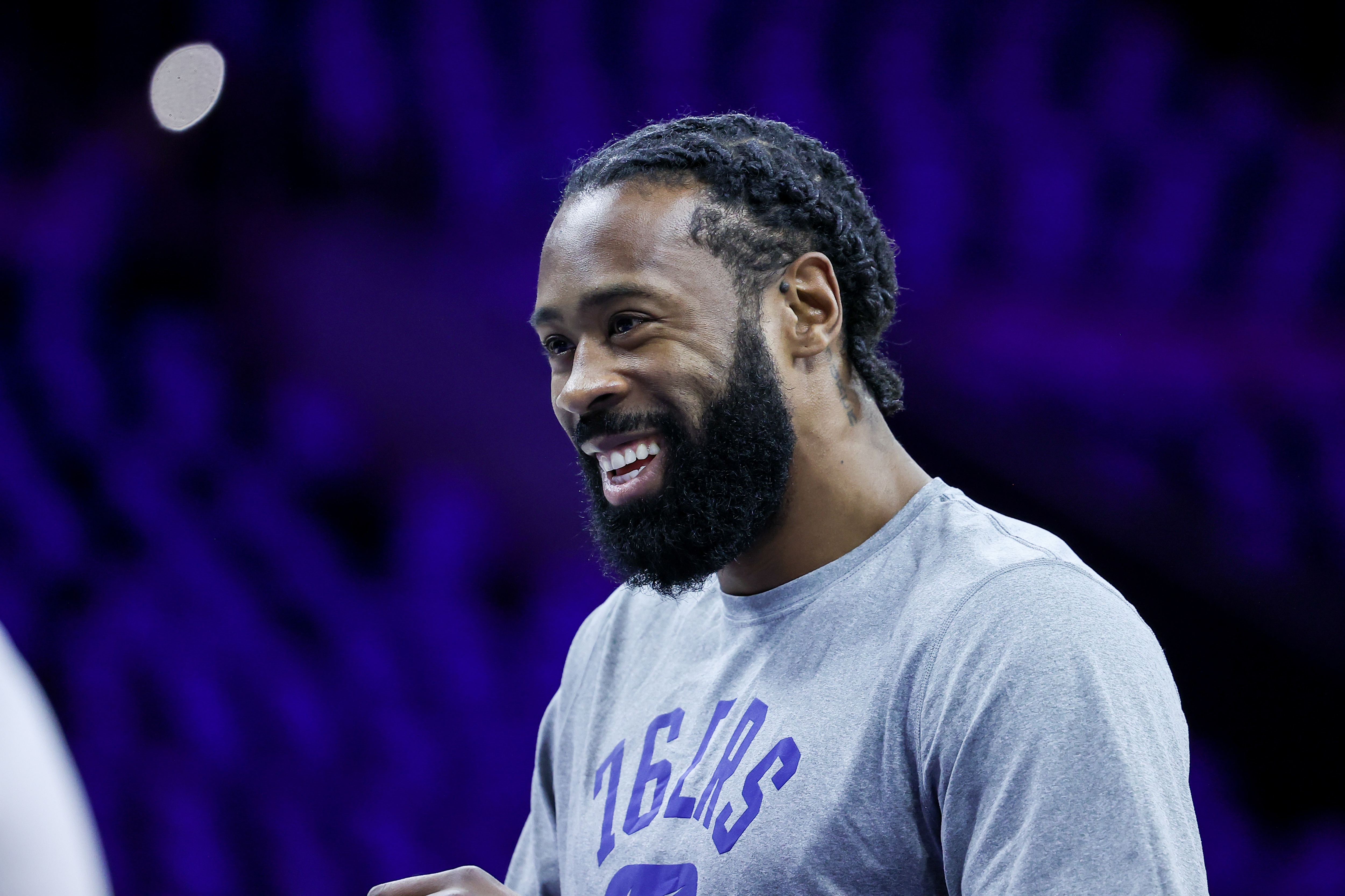 PHILADELPHIA, PA, USA - MAY 8: Philadelphia 76ers player DeAndre Jordan warms up ahead of the NBA match between Philadelphia 76ers and Miami Heat at the Wells Fargo Center in Philadelphia, Pennsylvania, United States on May 8, 2022. (Photo by Tayfun Coskun/Anadolu Agency via Getty Images)