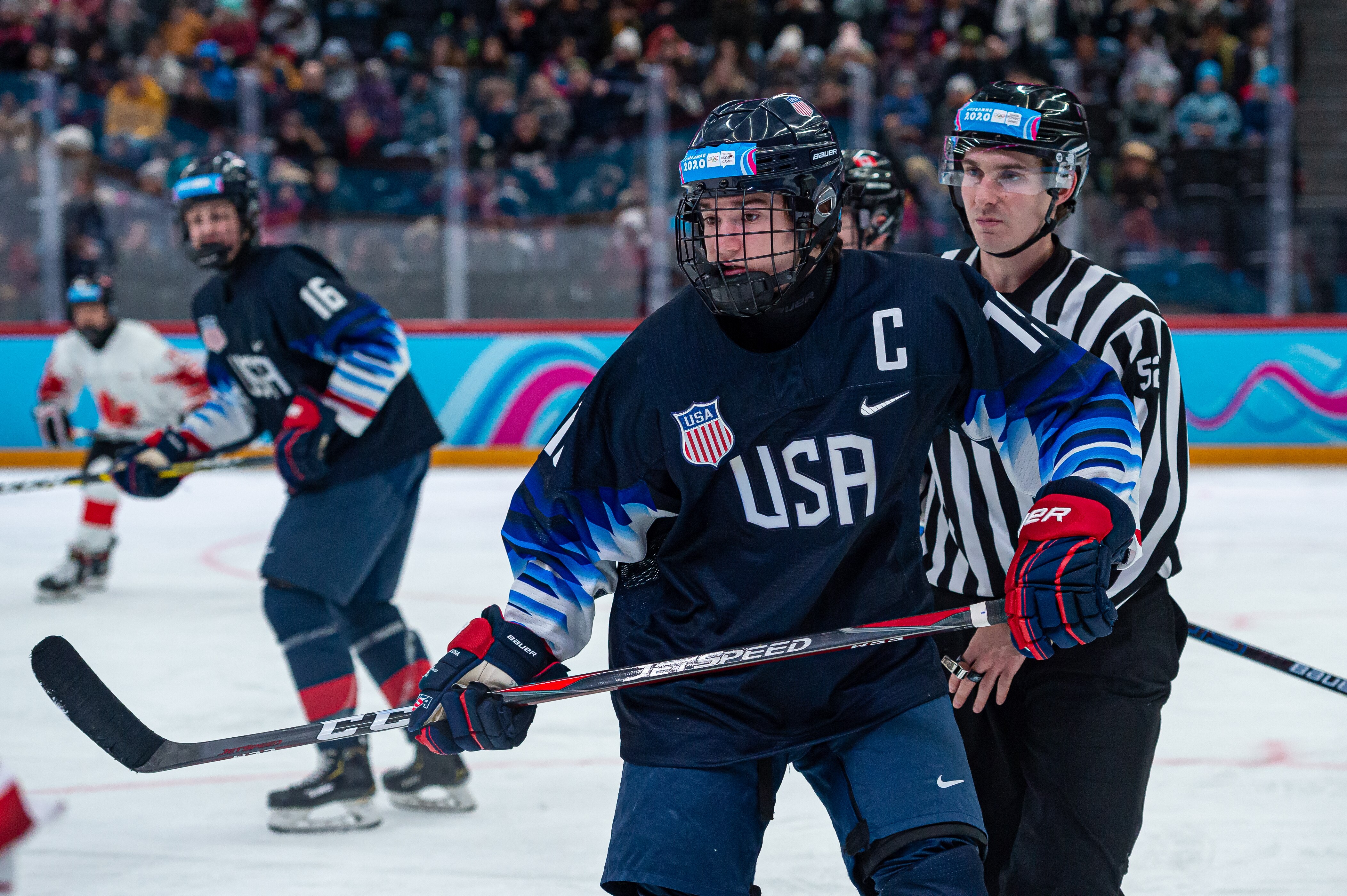 LAUSANNE, SWITZERLAND - JANUARY 21: #15 Jimmy Snuggerud of United States looks on during Men's 6-Team Tournament Semifinals Game between United States and Canada of the Lausanne 2020 Winter Youth Olympics on January 21, 2020 in Lausanne, Switzerland. (Photo by RvS.Media/Monika Majer/Getty Images)