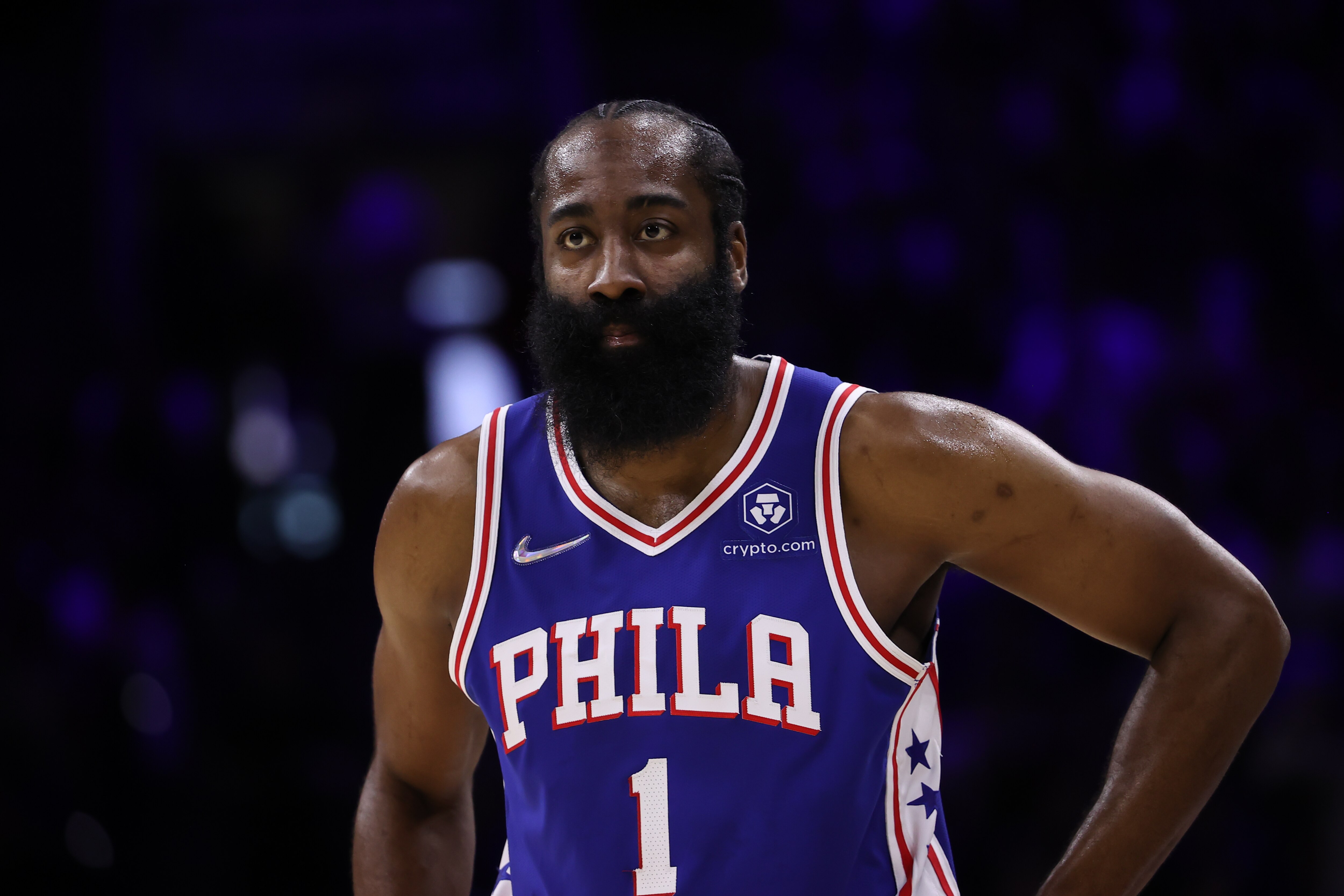 PHILADELPHIA, PA, USA - MAY 12: James Harden of Philadelphia 76ers in action during NBA semifinals between Philadelphia 76ers and Miami Heat at the Wells Fargo Center in Philadelphia, Pennsylvania, United States on May 12, 2022. (Photo by Tayfun Coskun/Anadolu Agency via Getty Images)