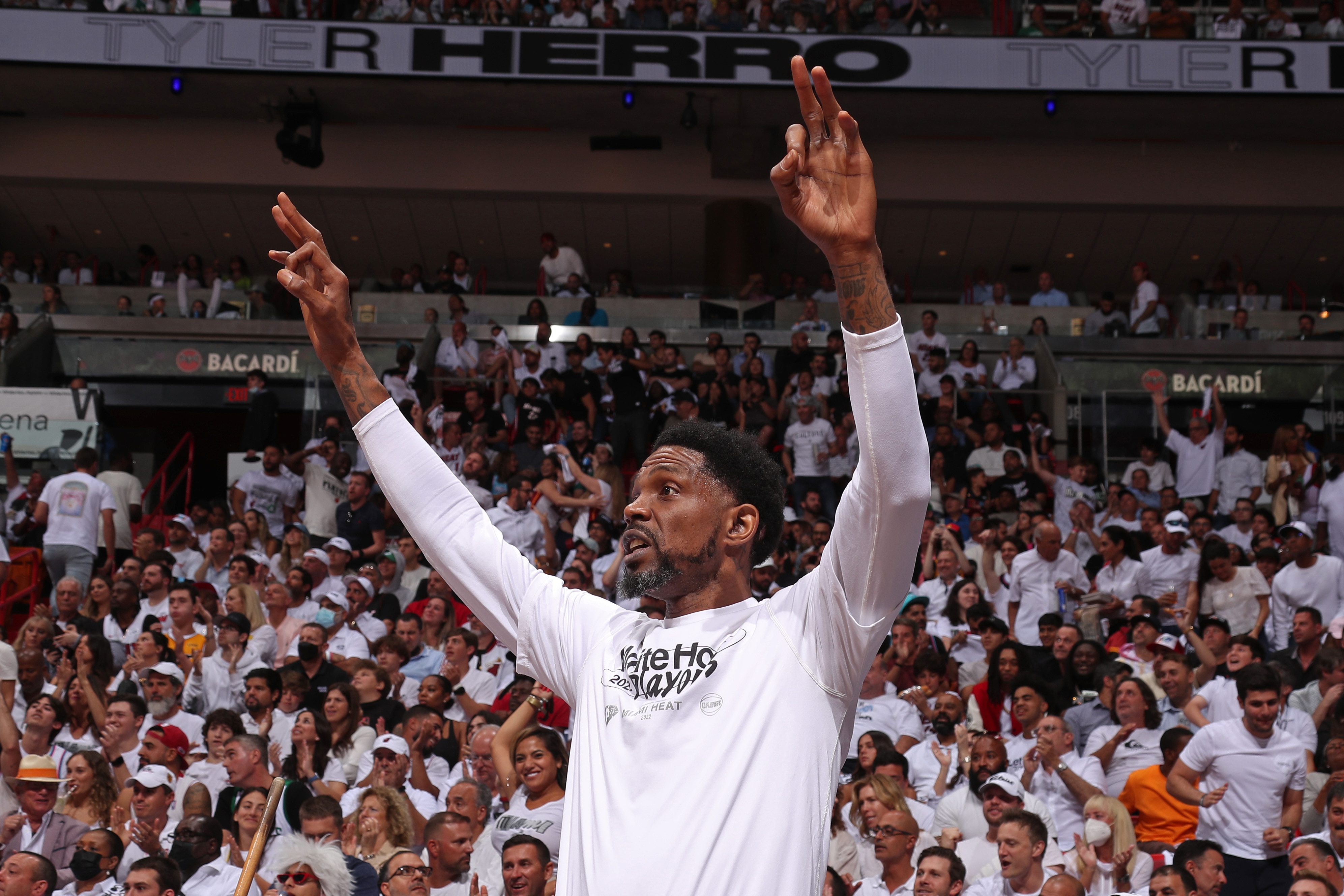 MIAMI, FL - MAY 17: Udonis Haslem #40 of the Miami Heat reacts to a play during Game 1 of the 2022 NBA Playoffs Eastern Conference Finals on May 17, 2022 at FTX Arena in Miami, Florida. NOTE TO USER: User expressly acknowledges and agrees that, by downloading and or using this Photograph, user is consenting to the terms and conditions of the Getty Images License Agreement. Mandatory Copyright Notice: Copyright 2022 NBAE (Photo by Issac Baldizon/NBAE via Getty Images)