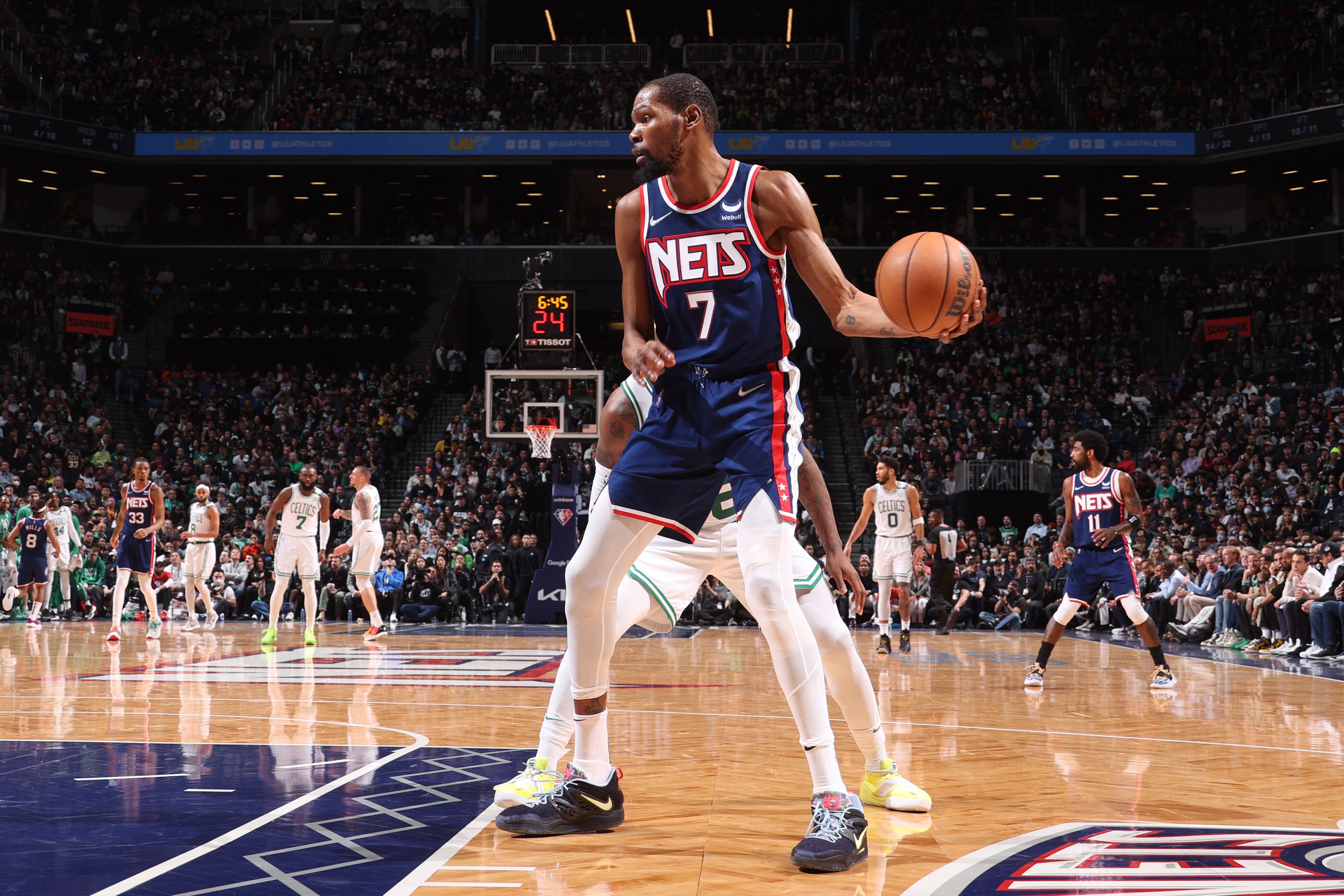 BROOKLYN, NY - APRIL 25: Kevin Durant #7 of the Brooklyn Nets handles the ball against the Boston Celtics during Round 1 Game 4 of the 2022 NBA Playoffs on April 25, 2022 at Barclays Center in Brooklyn, New York. NOTE TO USER: User expressly acknowledges and agrees that, by downloading and or using this Photograph, user is consenting to the terms and conditions of the Getty Images License Agreement. Mandatory Copyright Notice: Copyright 2022 NBAE (Photo by Nathaniel S. Butler/NBAE via Getty Images)