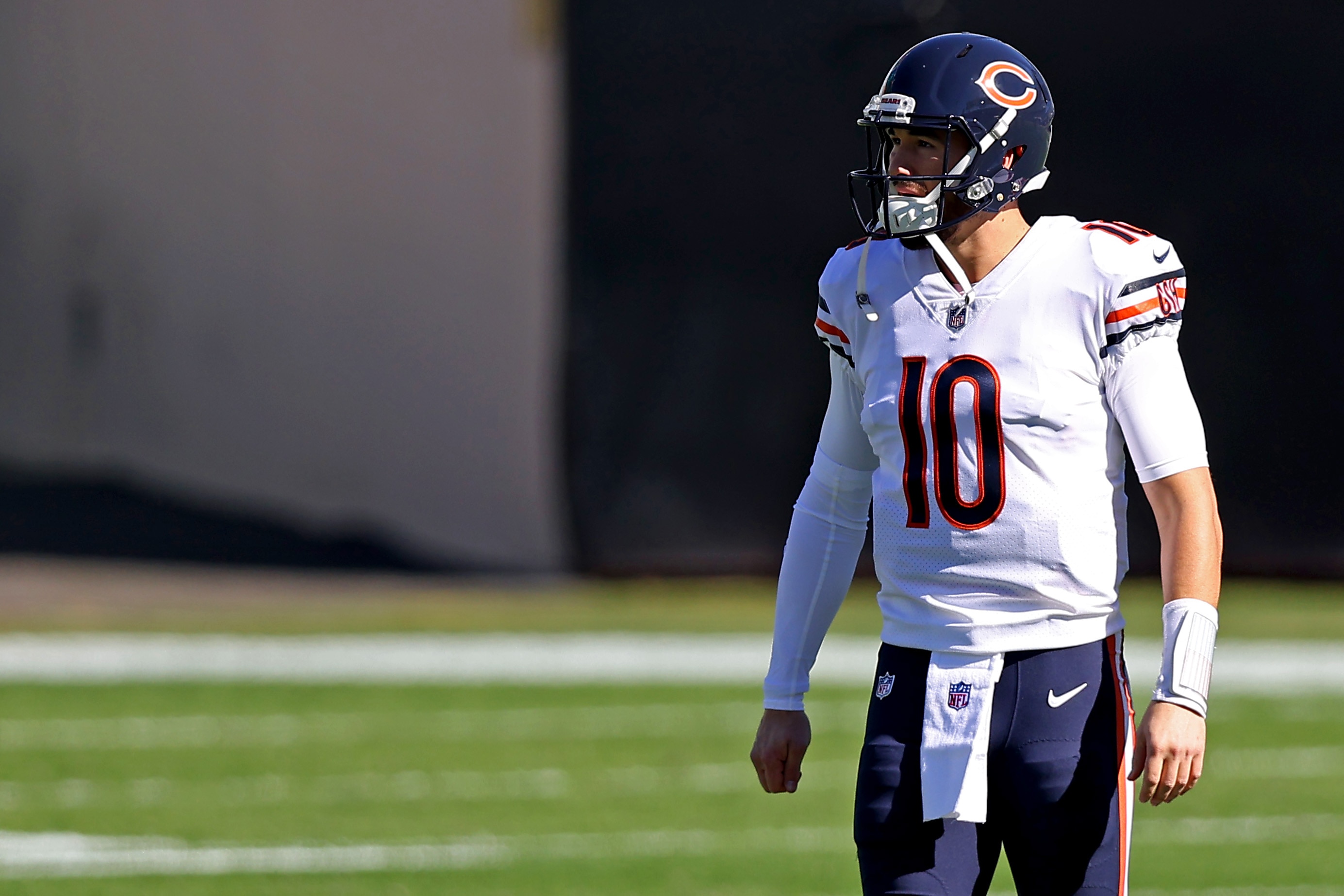 JACKSONVILLE, FLORIDA - DECEMBER 27: Mitchell Trubisky #10 of the Chicago Bears looks on before the game against the Jacksonville Jaguars at TIAA Bank Field on December 27, 2020 in Jacksonville, Florida. (Photo by James Gilbert/Getty Images)