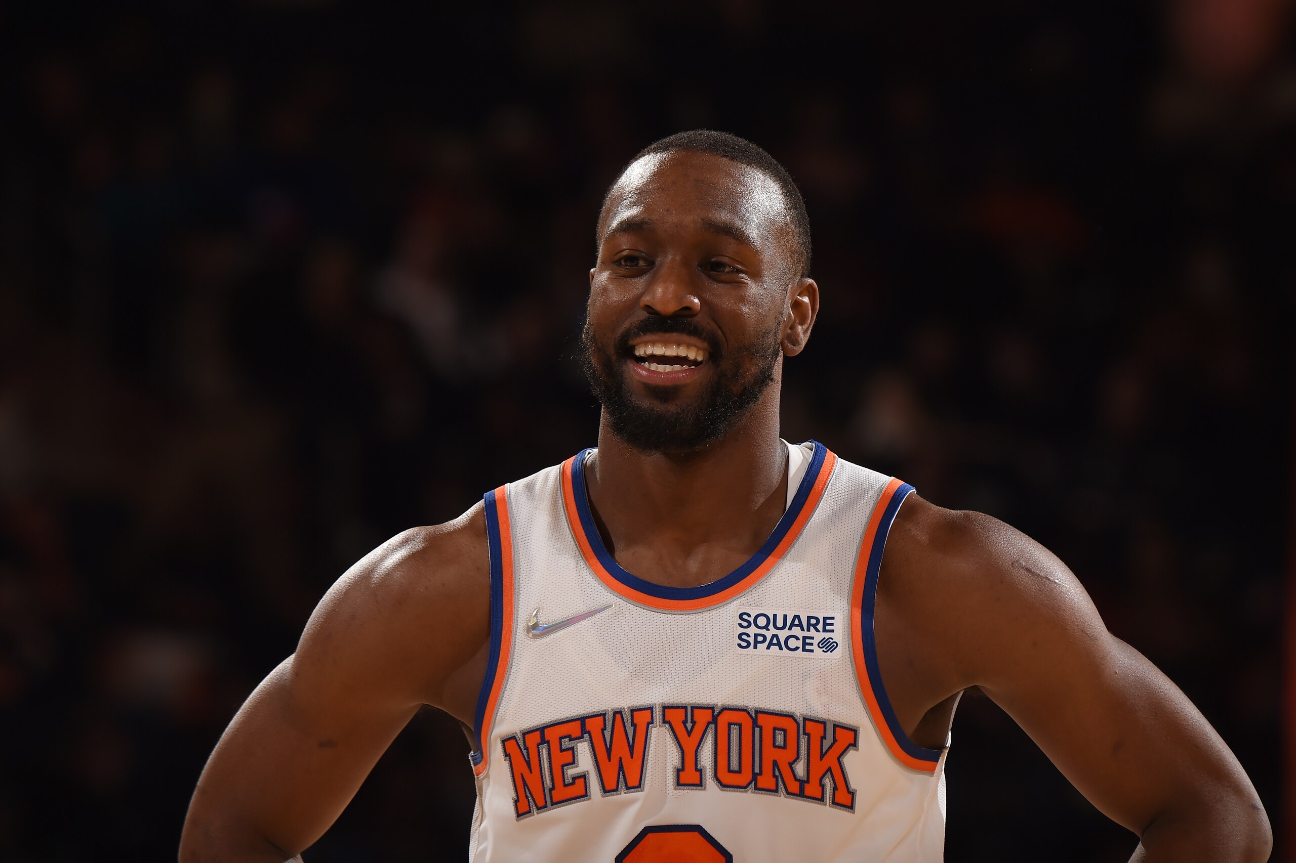 NEW YORK, NY - FEBRUARY 14: Kemba Walker #8 of the New York Knicks smiles during the game against the Oklahoma City Thunder on February 14, 2022 at Madison Square Garden in New York City, New York.  NOTE TO USER: User expressly acknowledges and agrees that, by downloading and or using this photograph, User is consenting to the terms and conditions of the Getty Images License Agreement. Mandatory Copyright Notice: Copyright 2022 NBAE  (Photo by Brian Babineau/NBAE via Getty Images)