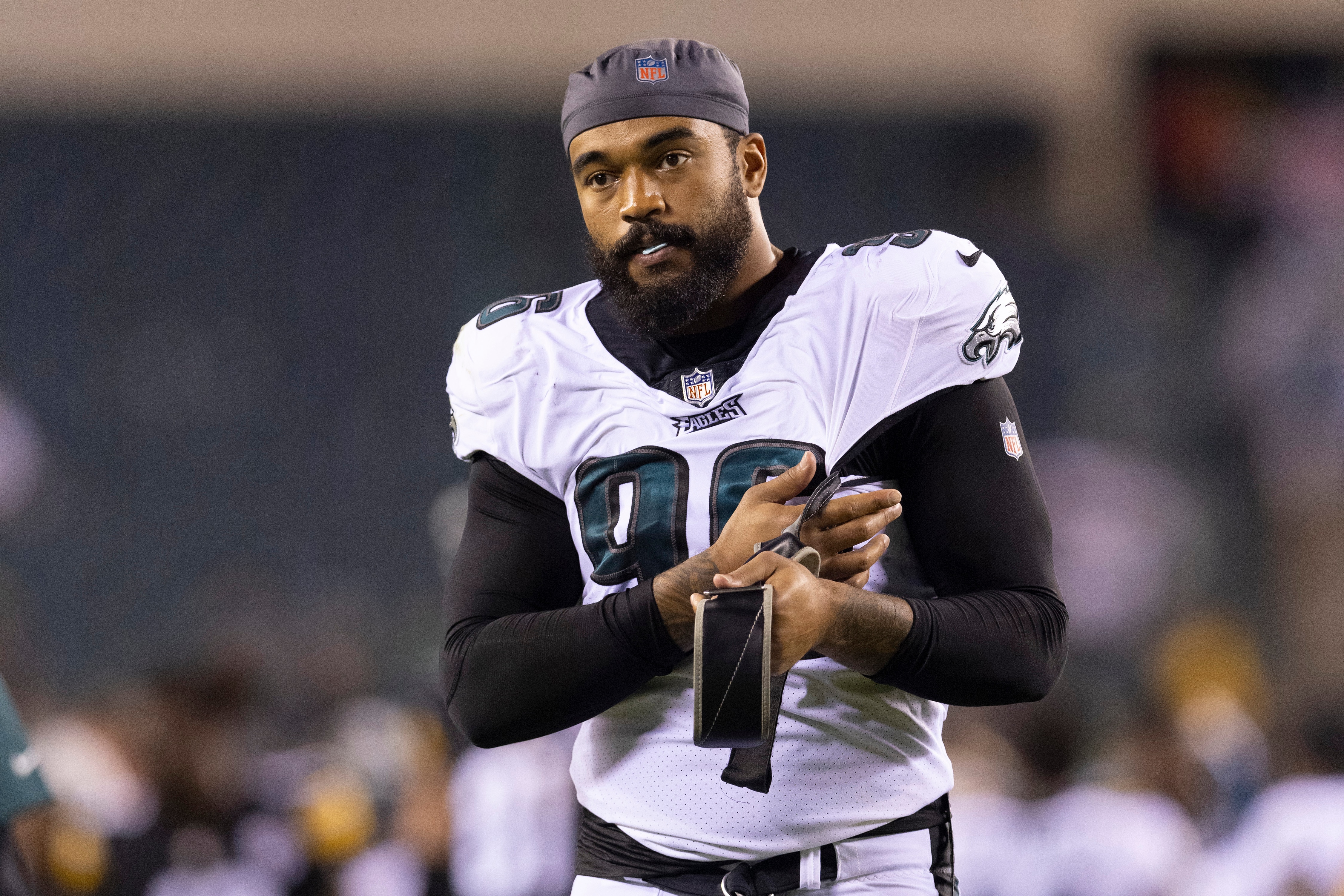 PHILADELPHIA, PA - AUGUST 12: Derek Barnett #96 of the Philadelphia Eagles looks on against the Pittsburgh Steelers during the preseason game at Lincoln Financial Field on August 12, 2021 in Philadelphia, Pennsylvania. (Photo by Mitchell Leff/Getty Images)