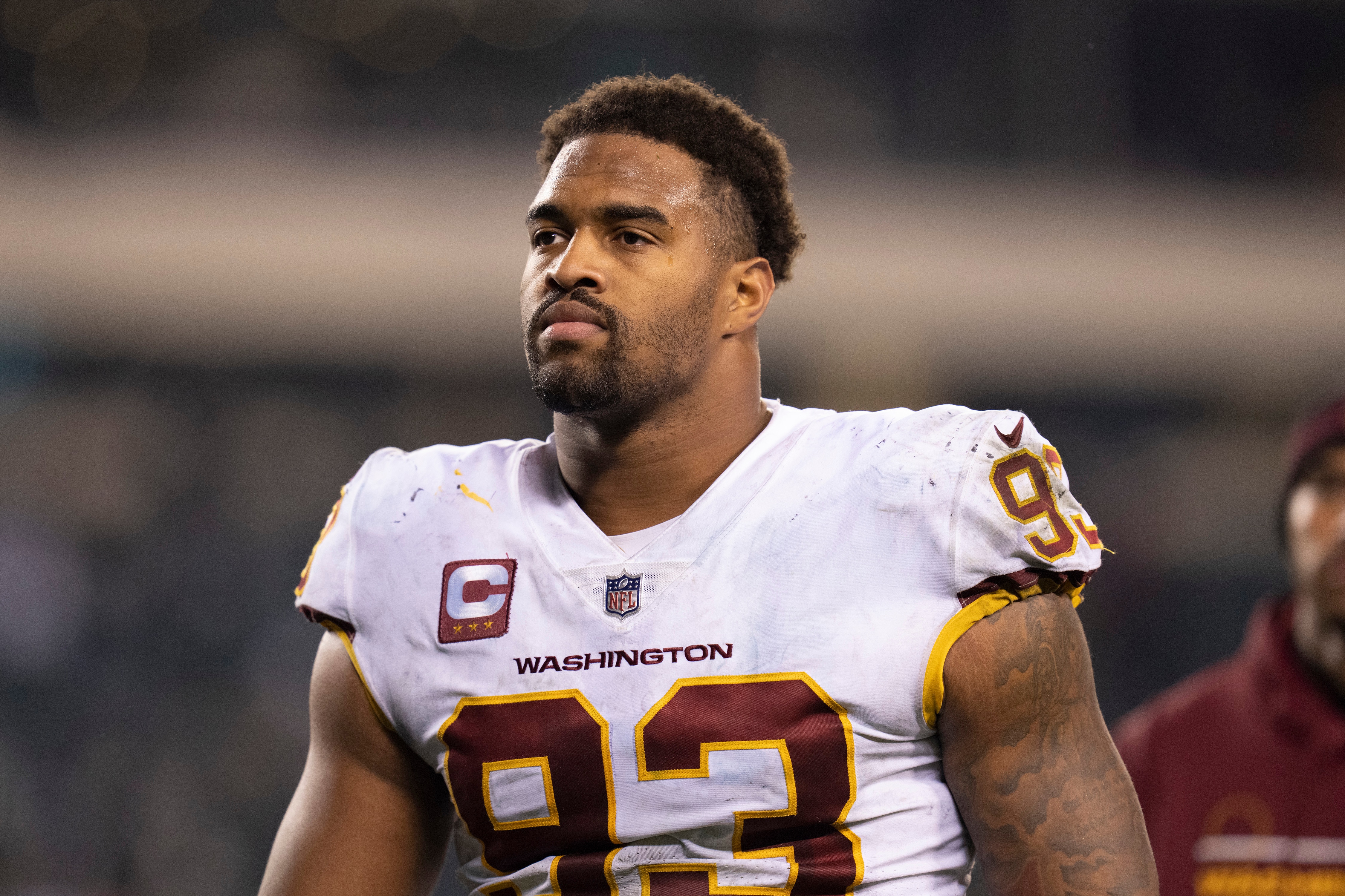 PHILADELPHIA, PA - DECEMBER 21: Jonathan Allen #93 of the Washington Football Team walks off the field after the game against the Philadelphia Eagles at Lincoln Financial Field on December 21, 2021 in Philadelphia, Pennsylvania. (Photo by Mitchell Leff/Getty Images)