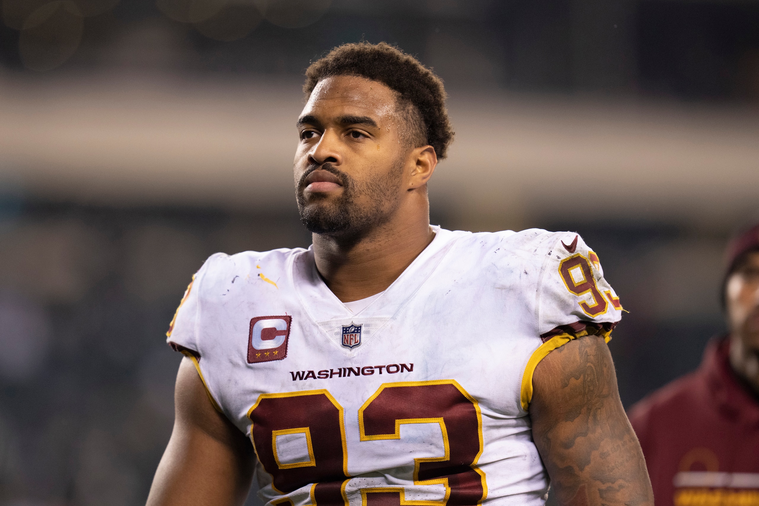 PHILADELPHIA, PA - DECEMBER 21: Jonathan Allen #93 of the Washington Football Team walks off the field after the game against the Philadelphia Eagles at Lincoln Financial Field on December 21, 2021 in Philadelphia, Pennsylvania. (Photo by Mitchell Leff/Getty Images)