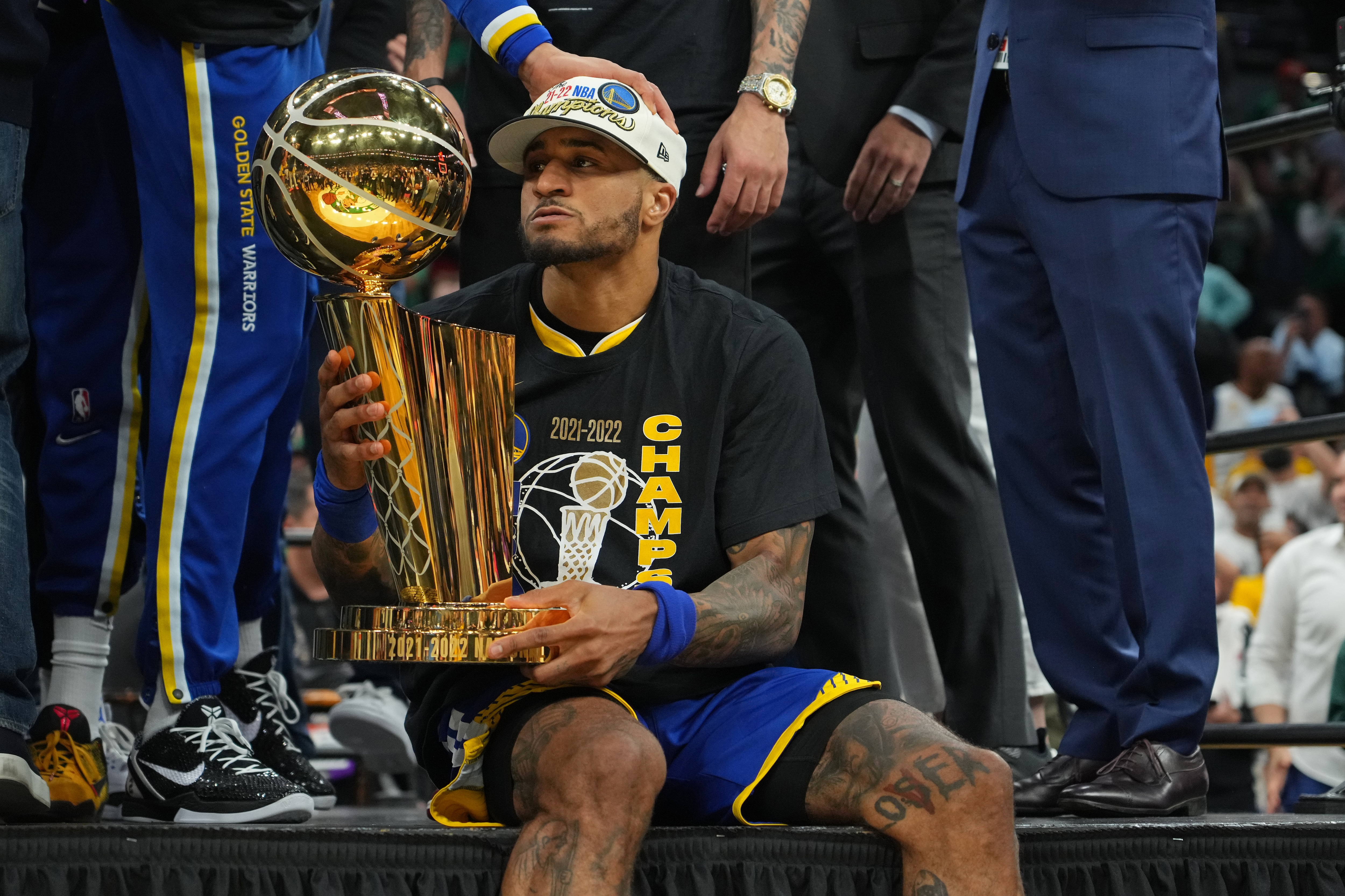 BOSTON, MA - JUNE 16: Gary Payton II #0 of the Golden State Warriors holds the Larry OBrien Trophy after Game Six of the 2022 NBA Finals on June 16, 2022 at TD Garden in Boston, Massachusetts. NOTE TO USER: User expressly acknowledges and agrees that, by downloading and or using this photograph, user is consenting to the terms and conditions of Getty Images License Agreement. Mandatory Copyright Notice: Copyright 2022 NBAE (Photo by Jesse D. Garrabrant/NBAE via Getty Images)