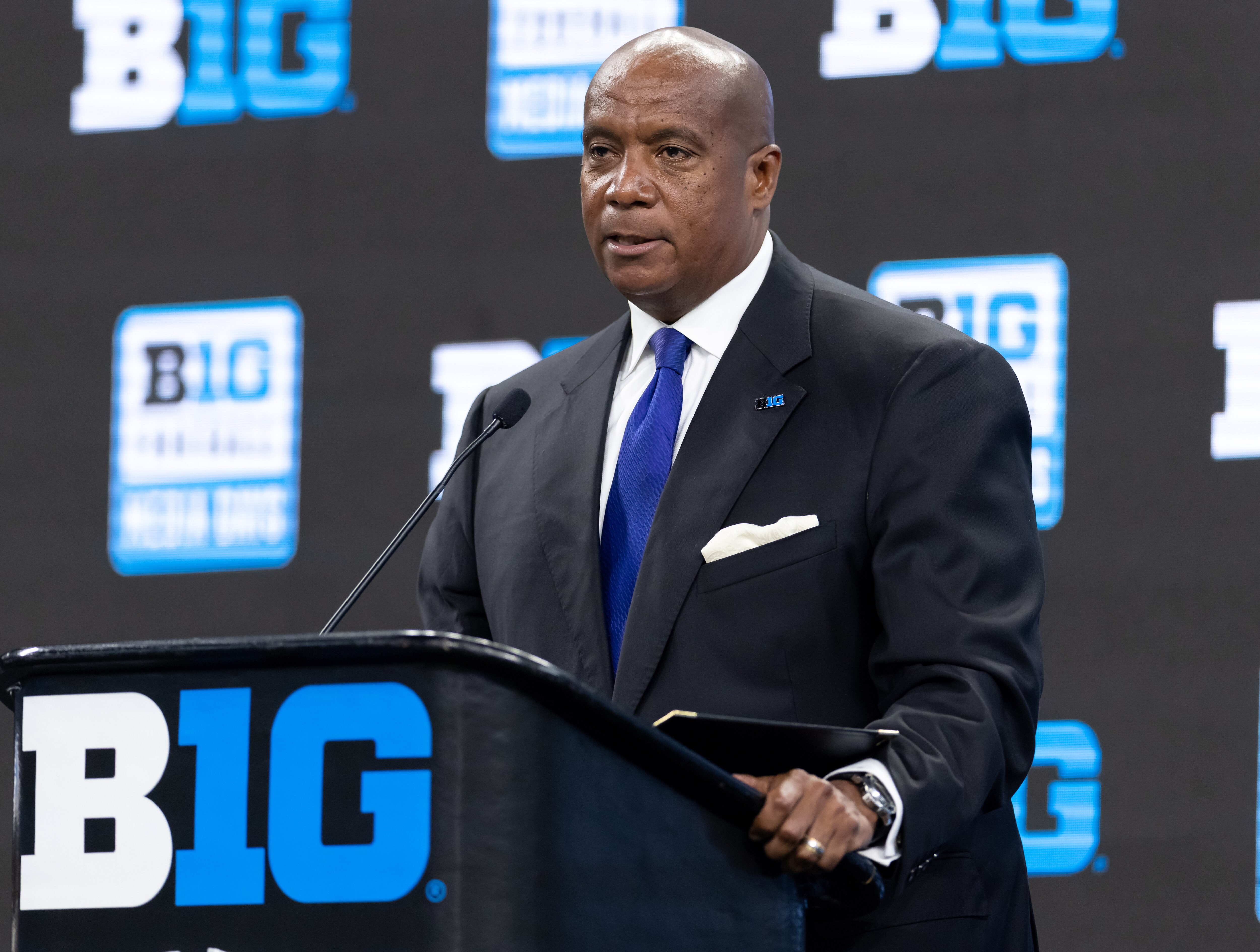INDIANAPOLIS, IN - JULY 22: Big Ten Commissioner Kevin Warren speaks during the Big Ten Football Media Days at Lucas Oil Stadium on July 22, 2021 in Indianapolis, Indiana. (Photo by Michael Hickey/Getty Images)