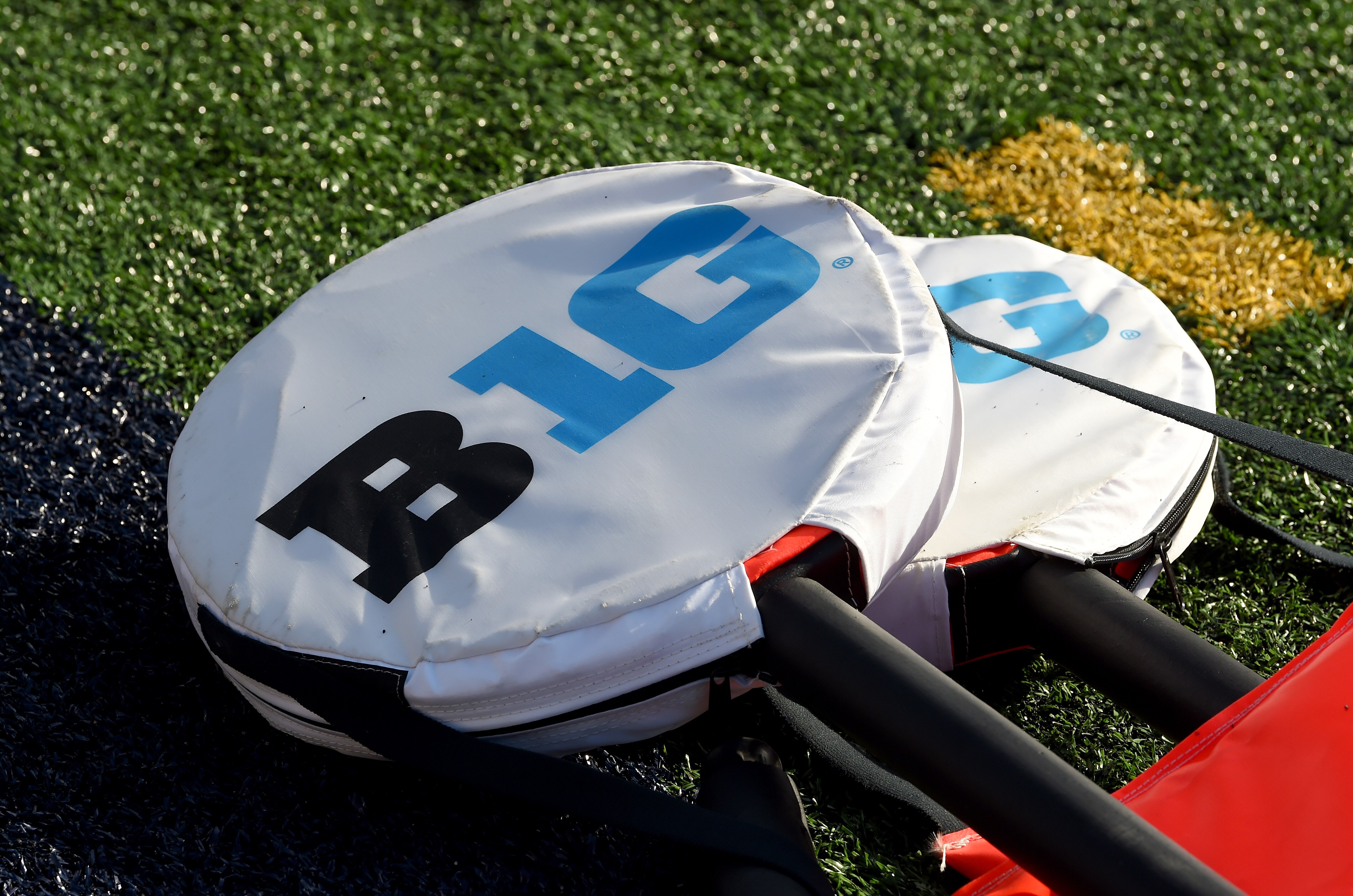 COLLEGE PARK, MARYLAND - NOVEMBER 06: The Big Ten logo on the yardage markers before the game between the Maryland Terrapins and the Penn State Nittany Lions at Capital One Field at Maryland Stadium on November 06, 2021 in College Park, Maryland. (Photo by G Fiume/Getty Images)