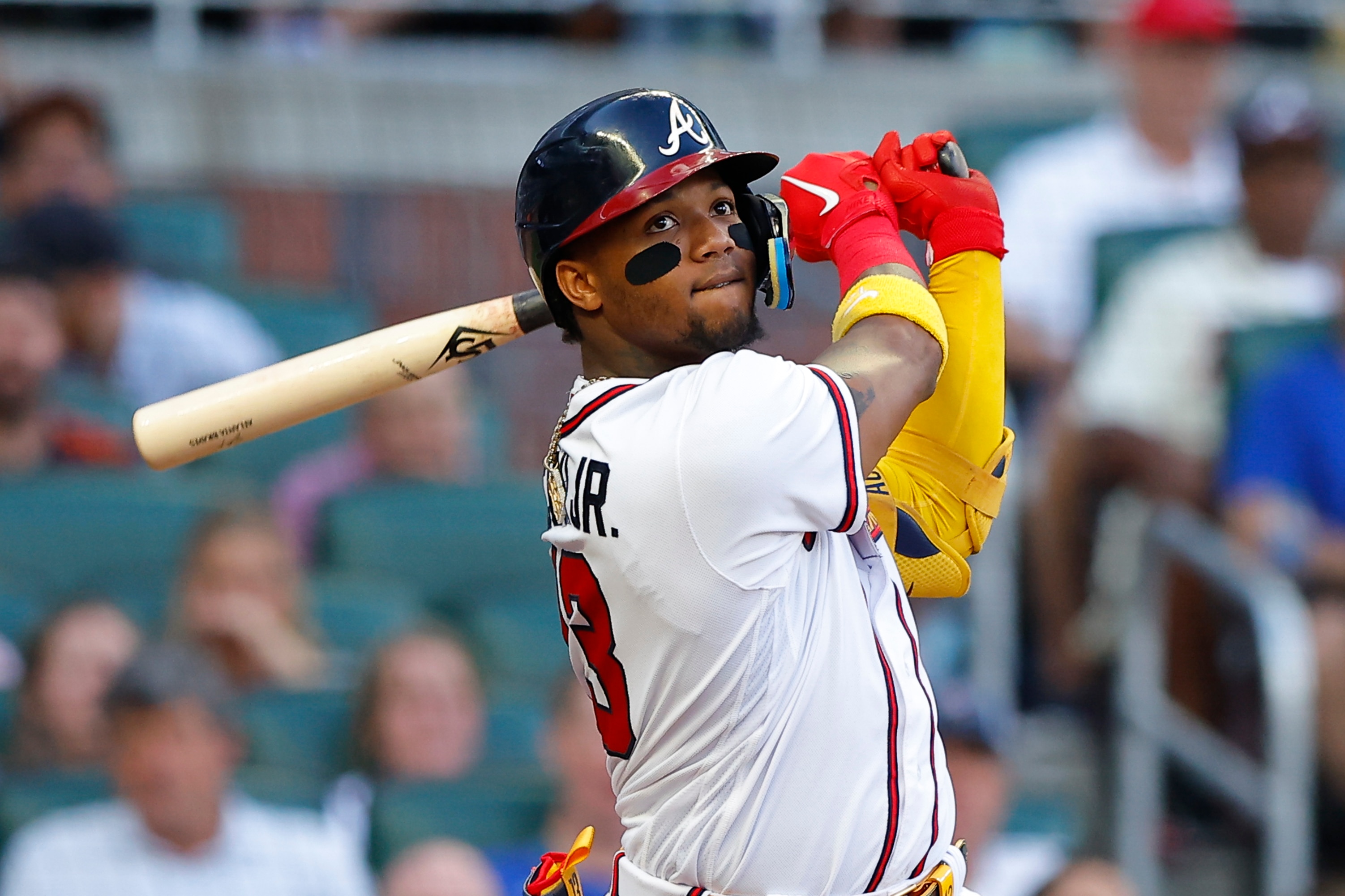 ATLANTA, GA - JUNE 20: Ronald Acuna Jr. #13 of the Atlanta Braves bats during the third inning against the San Francisco Giants at Truist Park on June 20, 2022 in Atlanta, Georgia. (Photo by Todd Kirkland/Getty Images)