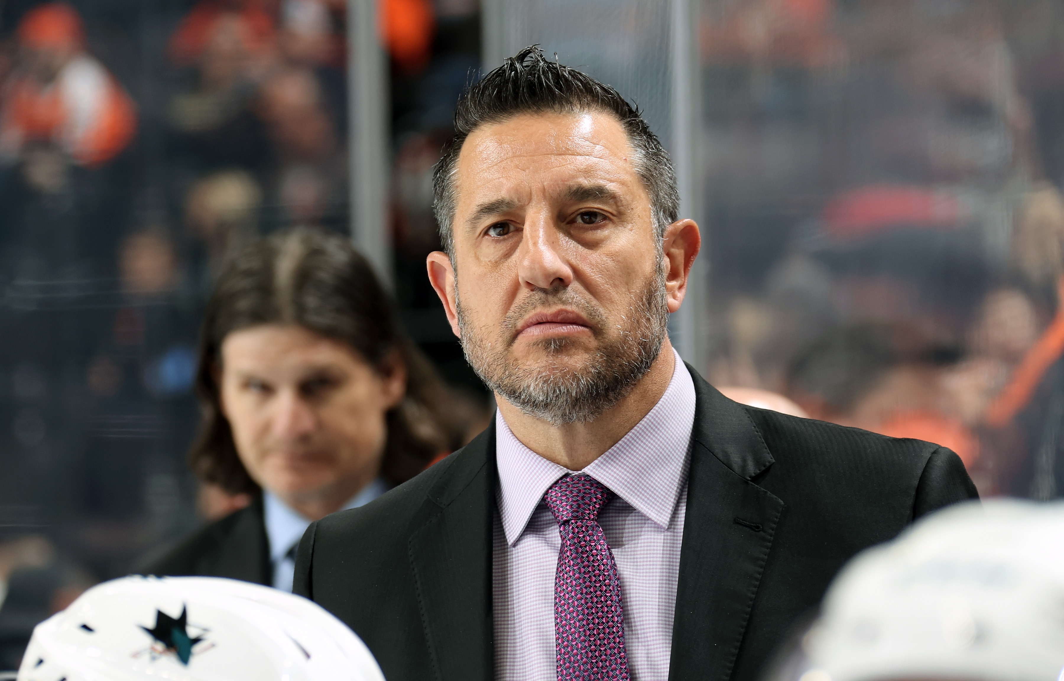 PHILADELPHIA, PA - FEBRUARY 25:  Interim Head Coach of the San Jose Sharks Bob Boughner watches a play on the ice against the Philadelphia Flyers on February 25, 2020 at the Wells Fargo Center in Philadelphia, Pennsylvania.  (Photo by Len Redkoles/NHLI via Getty Images)