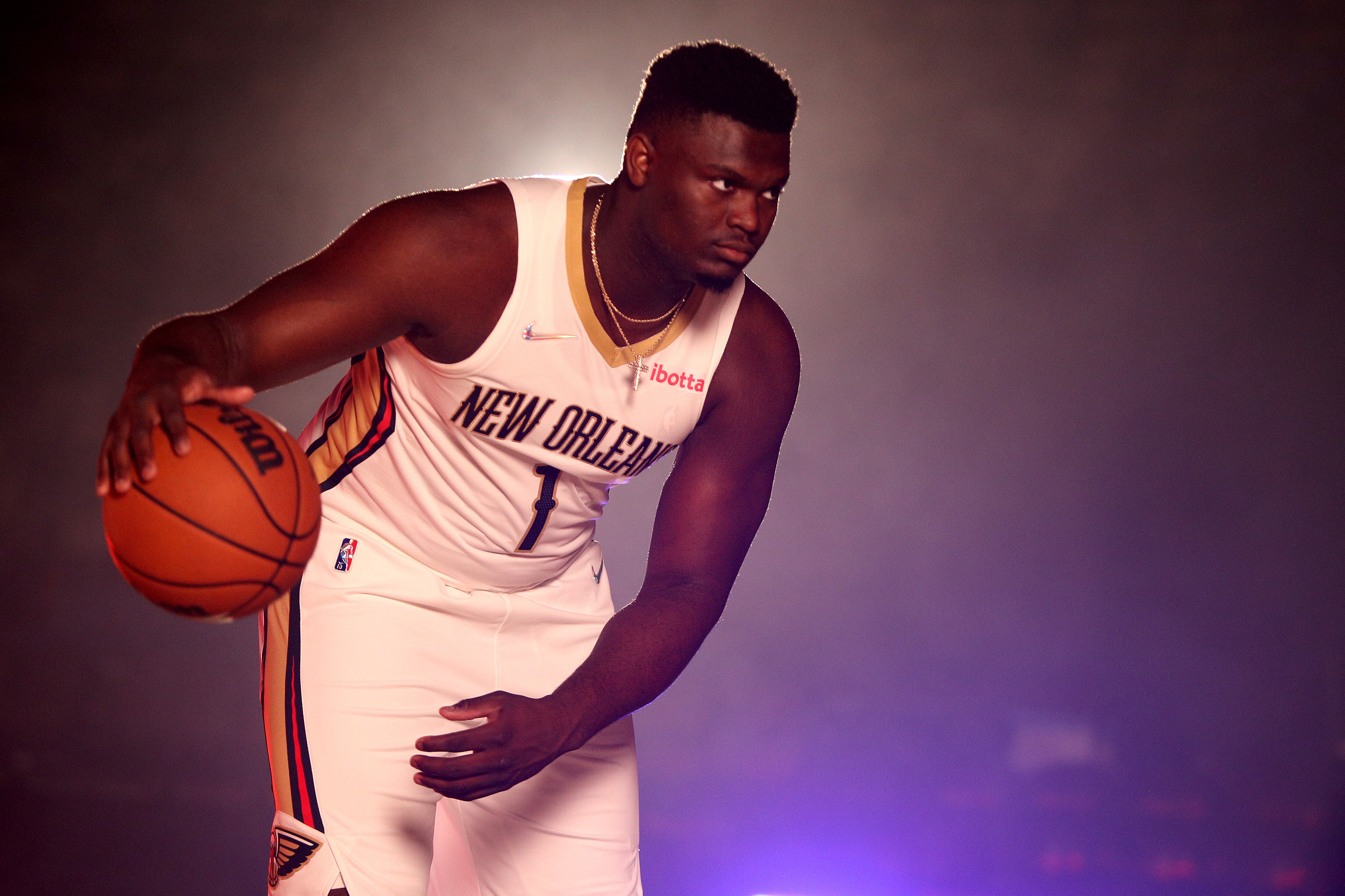 NEW ORLEANS, LOUISIANA - SEPTEMBER 27: Zion Williamson #1 of the New Orleans Pelicans poses for photos during Media Day at Smoothie King Center on September 27, 2021 in New Orleans, Louisiana. NOTE TO USER: User expressly acknowledges and agrees that, by downloading and or using this photograph, User is consenting to the terms and conditions of the Getty Images License Agreement. (Photo by Sean Gardner/Getty Images)