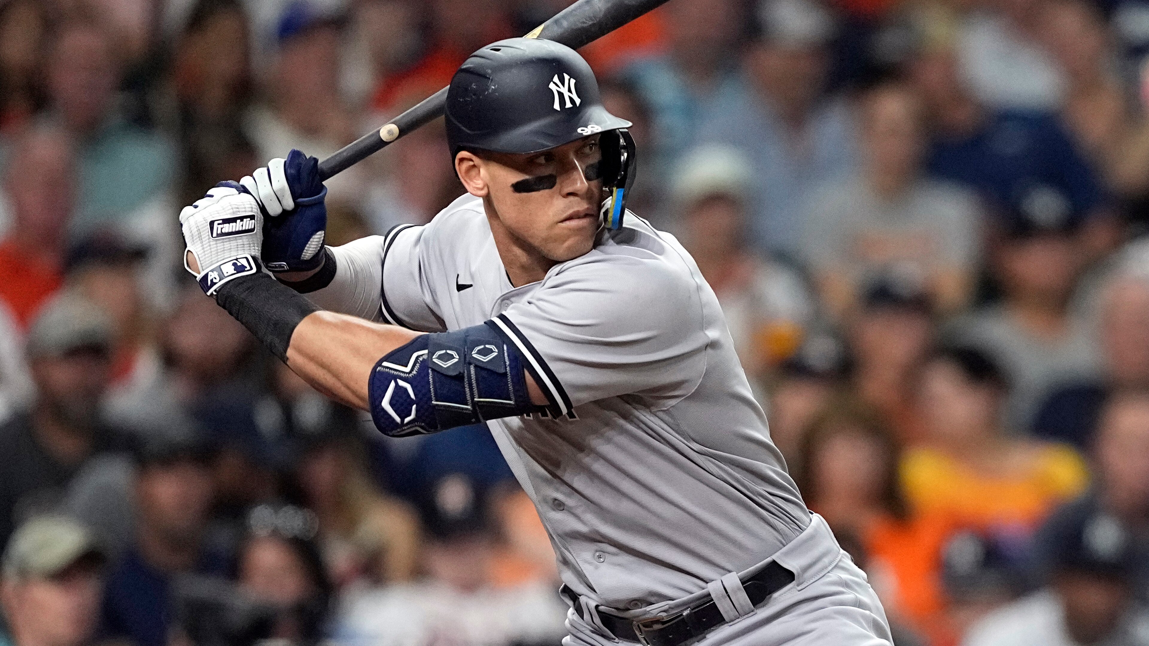 New York Yankees' Aaron Judge bats against the Houston Astros during the eighth inning of a baseball game Thursday, June 30, 2022, in Houston. (AP Photo/David J. Phillip)