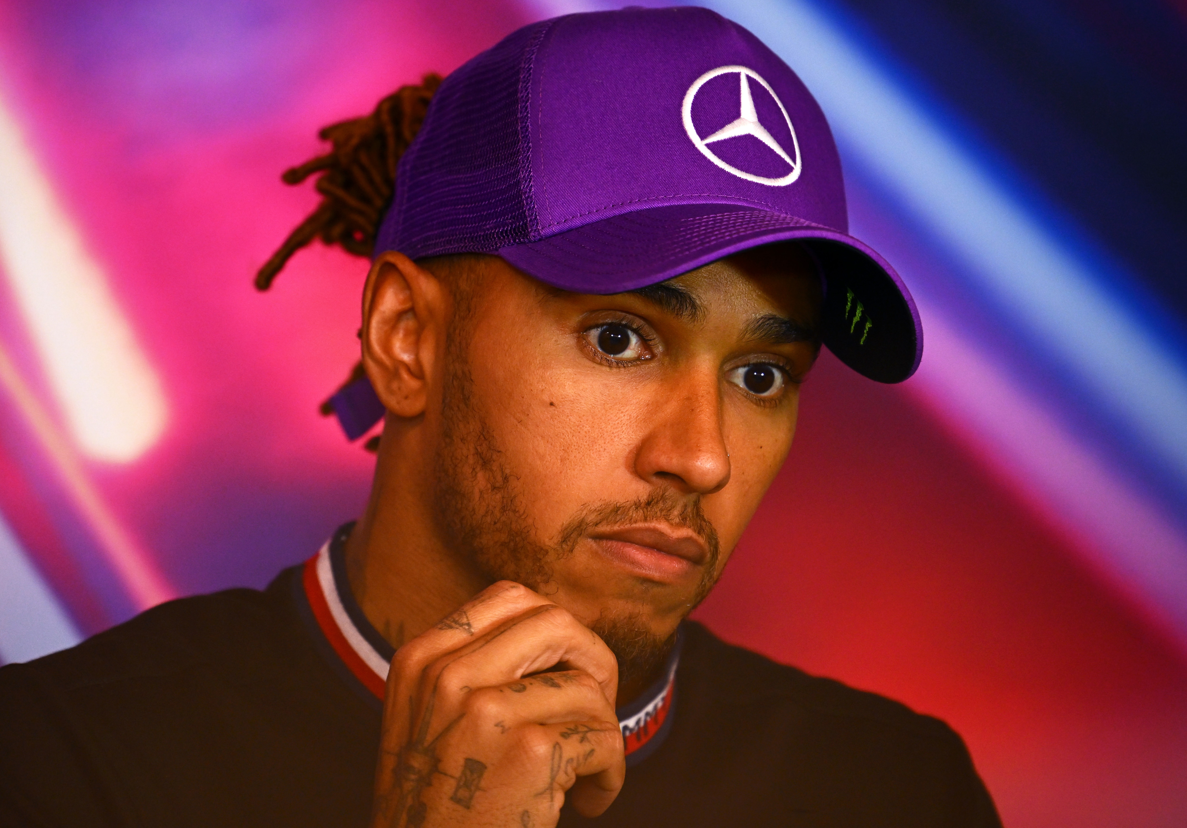 MONTREAL, QUEBEC - JUNE 19: Third placed Lewis Hamilton of Great Britain and Mercedes attends the press conference after the F1 Grand Prix of Canada at Circuit Gilles Villeneuve on June 19, 2022 in Montreal, Quebec. (Photo by Clive Mason/Getty Images)