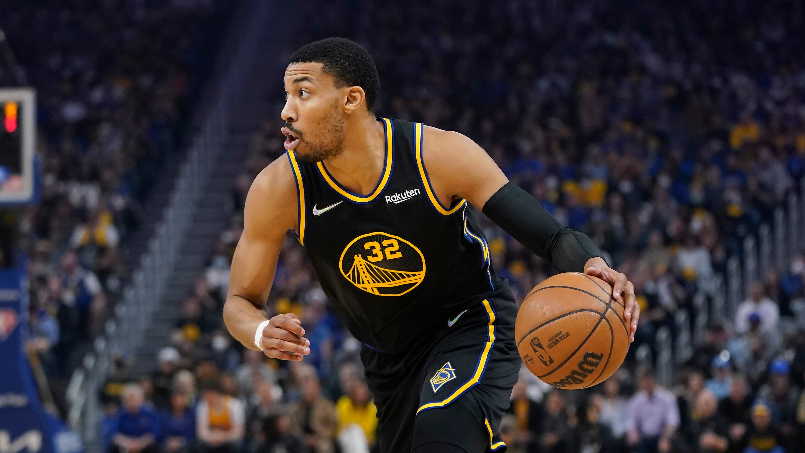 Golden State Warriors forward Otto Porter Jr. (32) during Game 3 of an NBA basketball Western Conference playoff semifinal against the Memphis Grizzlies in San Francisco, Saturday, May 7, 2022. (AP Photo/Jeff Chiu)