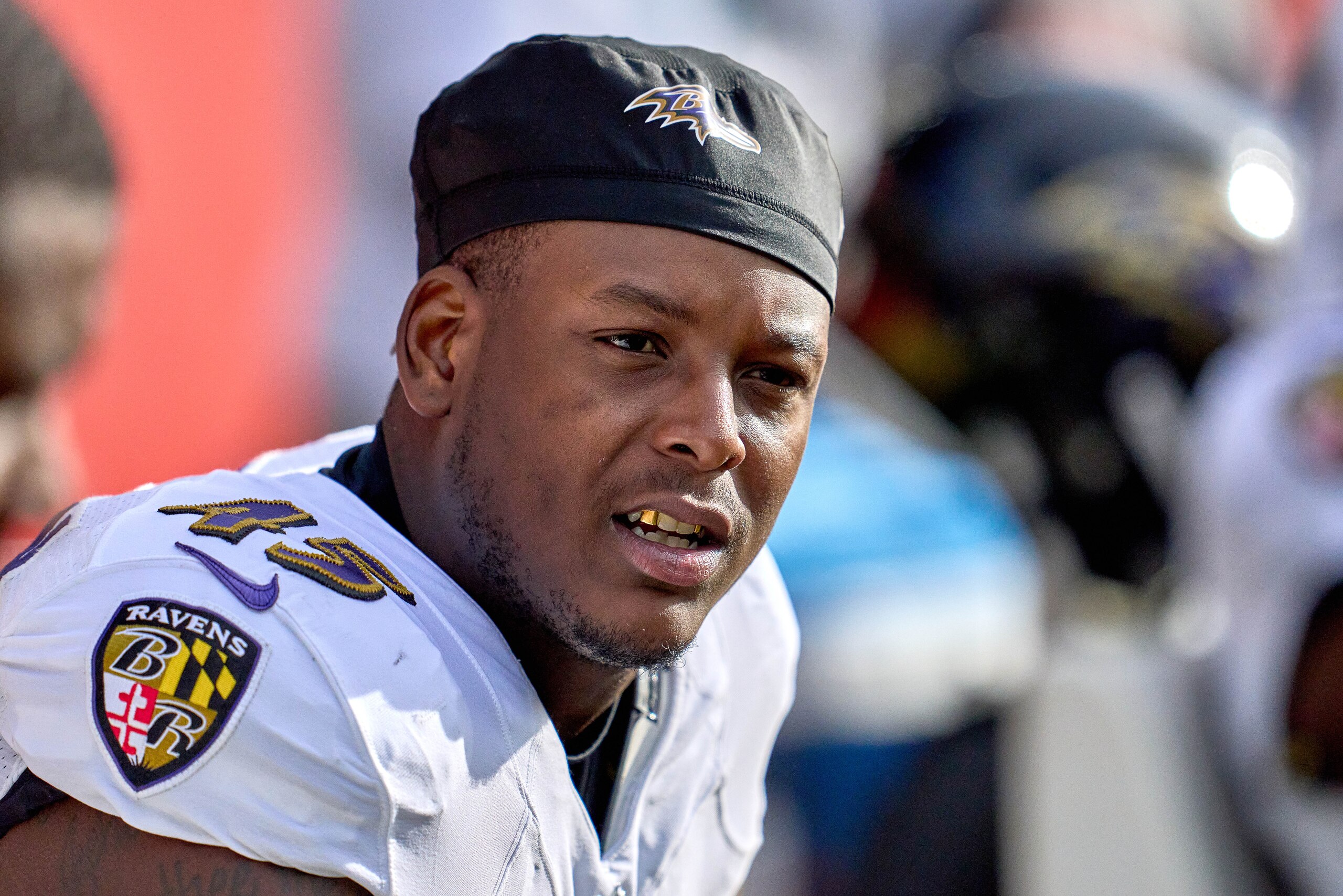 CINCINNATI, OH - DECEMBER 26: Baltimore Ravens linebacker Jaylon Ferguson (45) looks on during a game between the Cincinnati Bengals and the Baltimore Ravens on December 26, 2021, at Paul Brown Stadium in Cincinnati, OH. (Photo by Robin Alam/Icon Sportswire via Getty Images)
