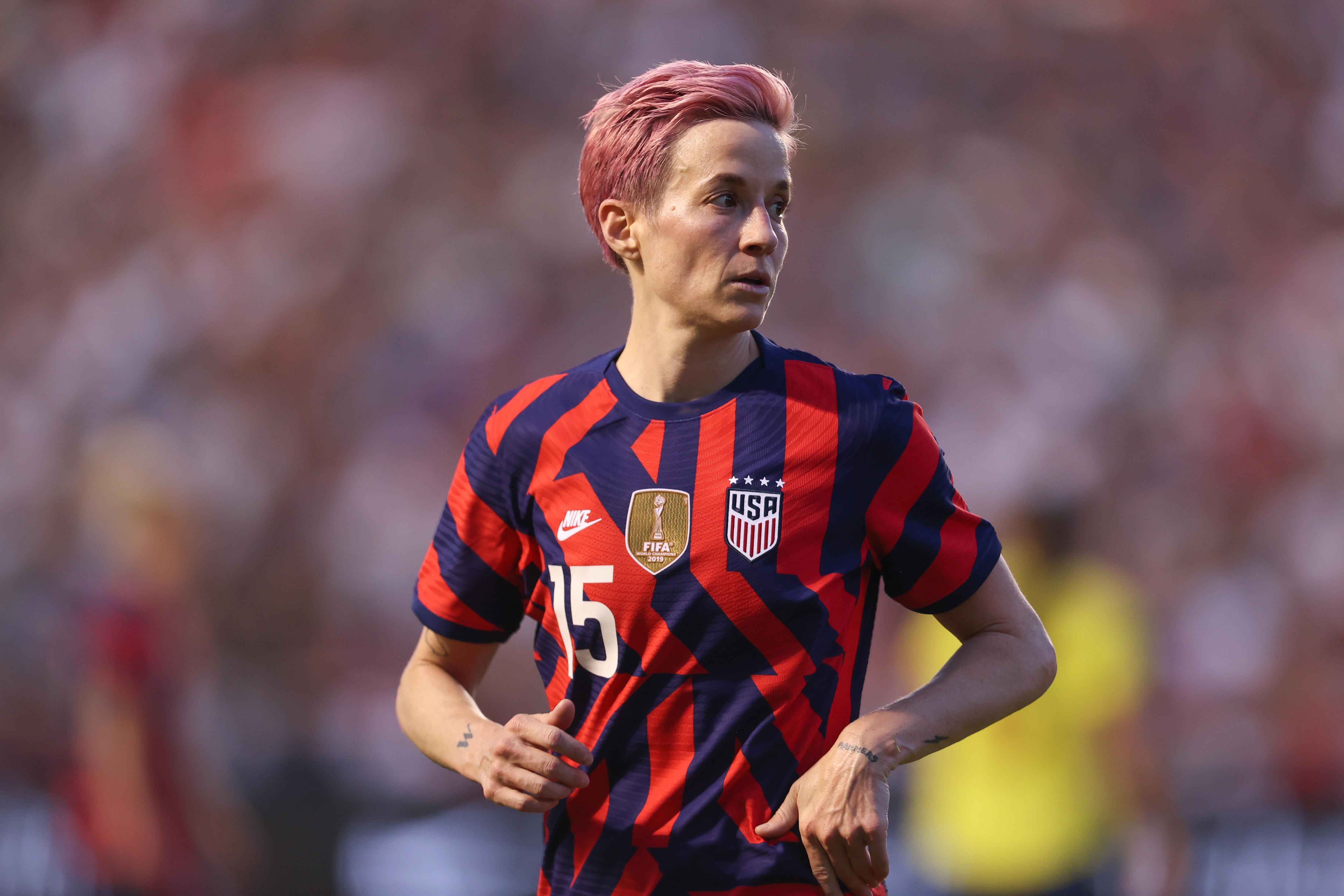 SANDY, UT - JUNE 28: Megan Rapinoe #15 of United States gestures during the friendly game between Colombia and United States at Rio Tinto Stadium on June 28, 2022 in Sandy, Utah. (Photo by Omar Vega/Getty Images)