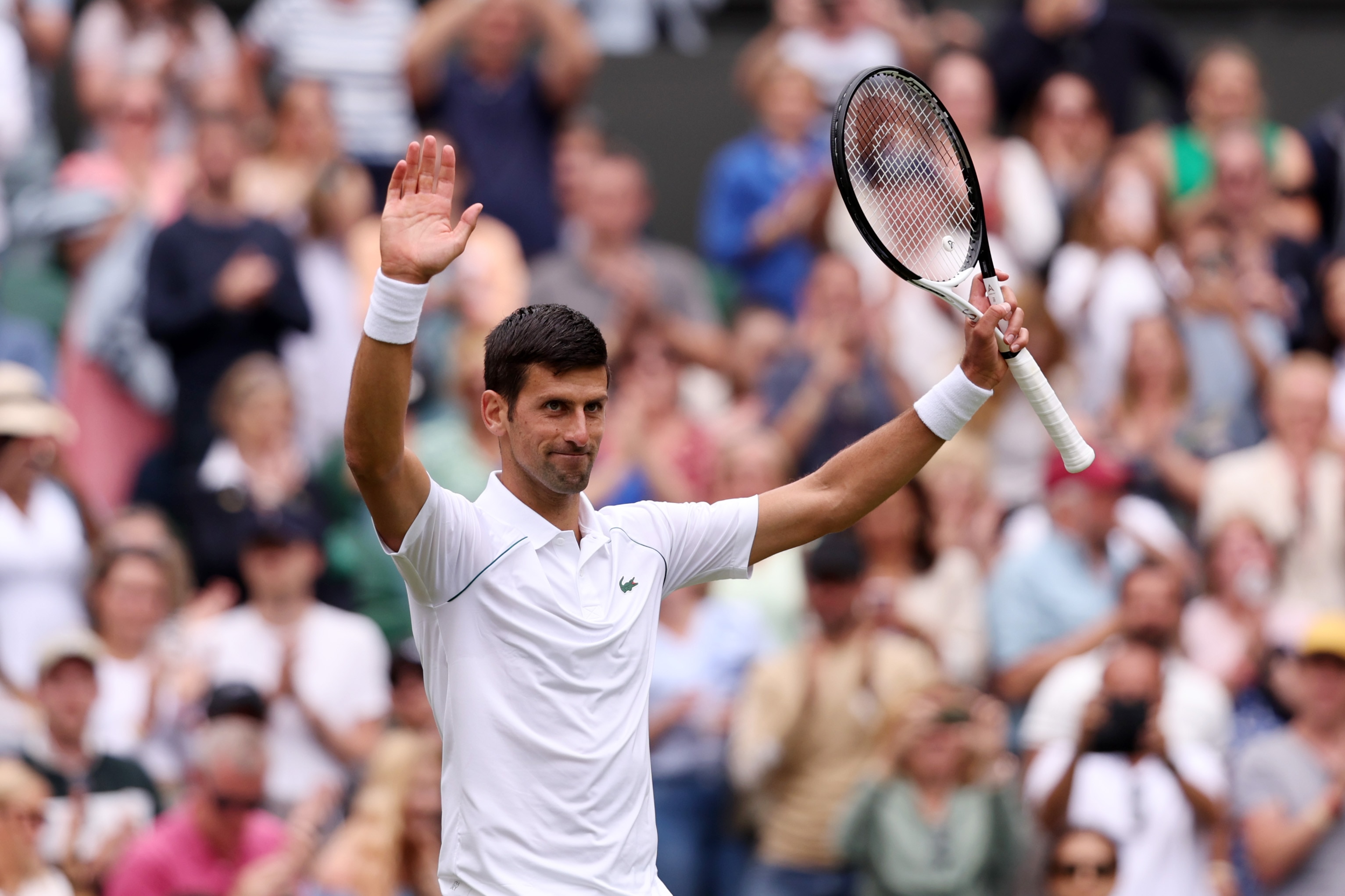 LONDON, ENGLAND - JULY 01: Novak Djokovic of Serbia celebrates winning against Miomir Kecmanovic of Serbia during their Men's Singles Third Round match on day five of The Championships Wimbledon 2022 at All England Lawn Tennis and Croquet Club on July 01, 2022 in London, England. (Photo by Clive Brunskill/Getty Images)