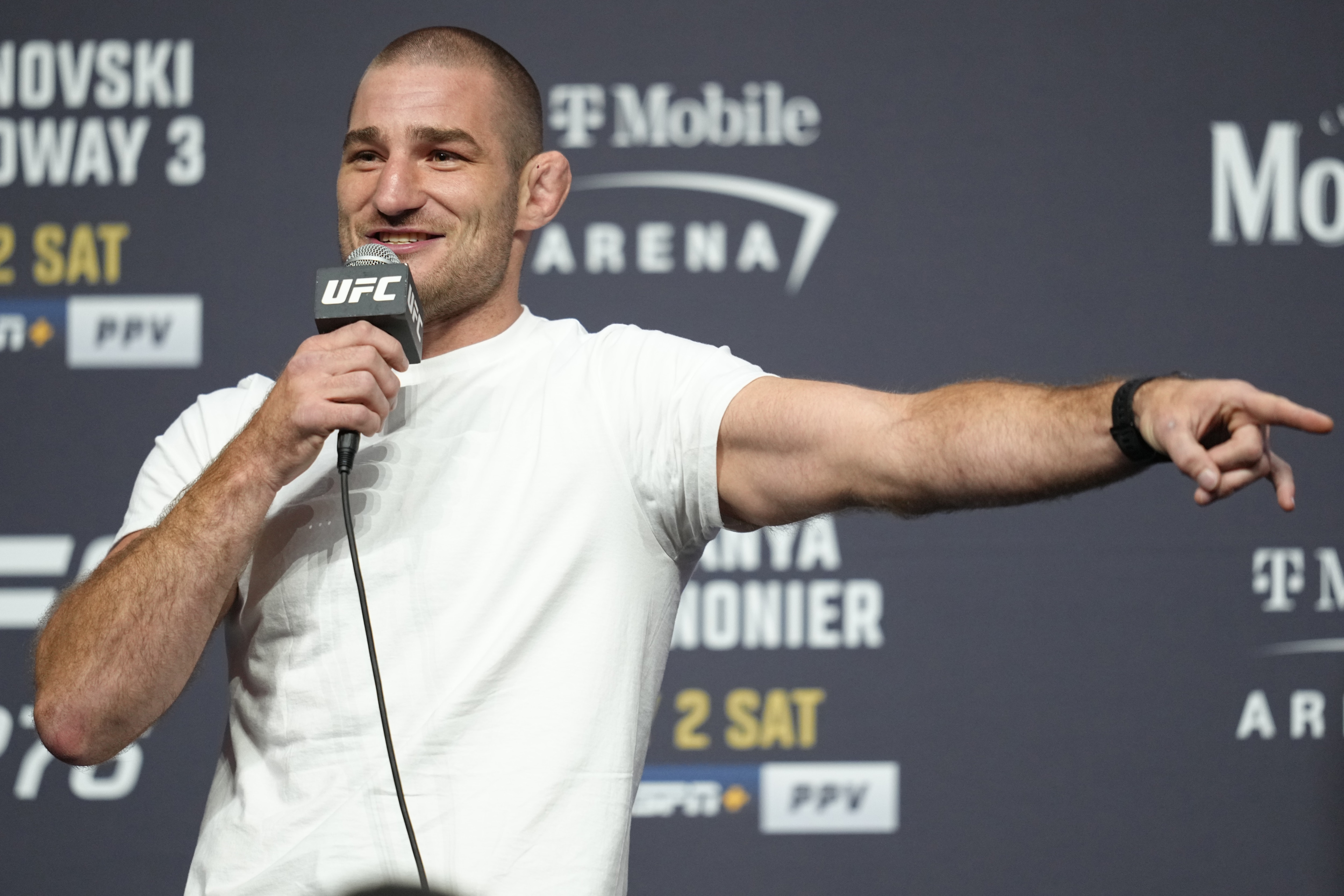 LAS VEGAS, NEVADA - JUNE 30: Sean Strickland is seen on stage during the UFC 276 press conference at T-Mobile Arena on June 30, 2022 in Las Vegas, Nevada. (Photo by Jeff Bottari/Zuffa LLC)