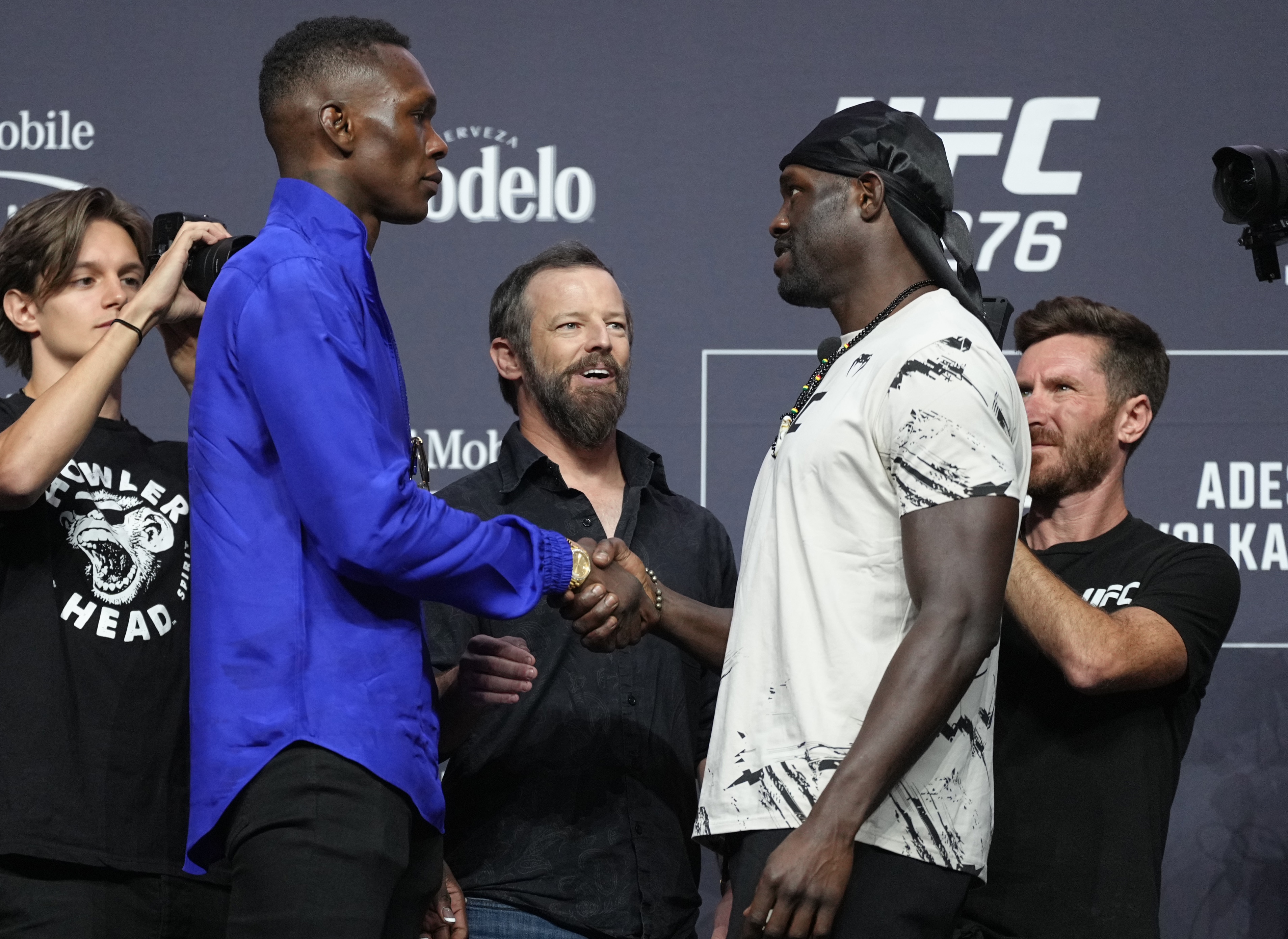 LAS VEGAS, NEVADA - JUNE 30: (L-R) Opponents Israel Adesanya of Nigeria and Jared Cannonier face off during the UFC 276 press conference at T-Mobile Arena on June 30, 2022 in Las Vegas, Nevada. (Photo by Jeff Bottari/Zuffa LLC)