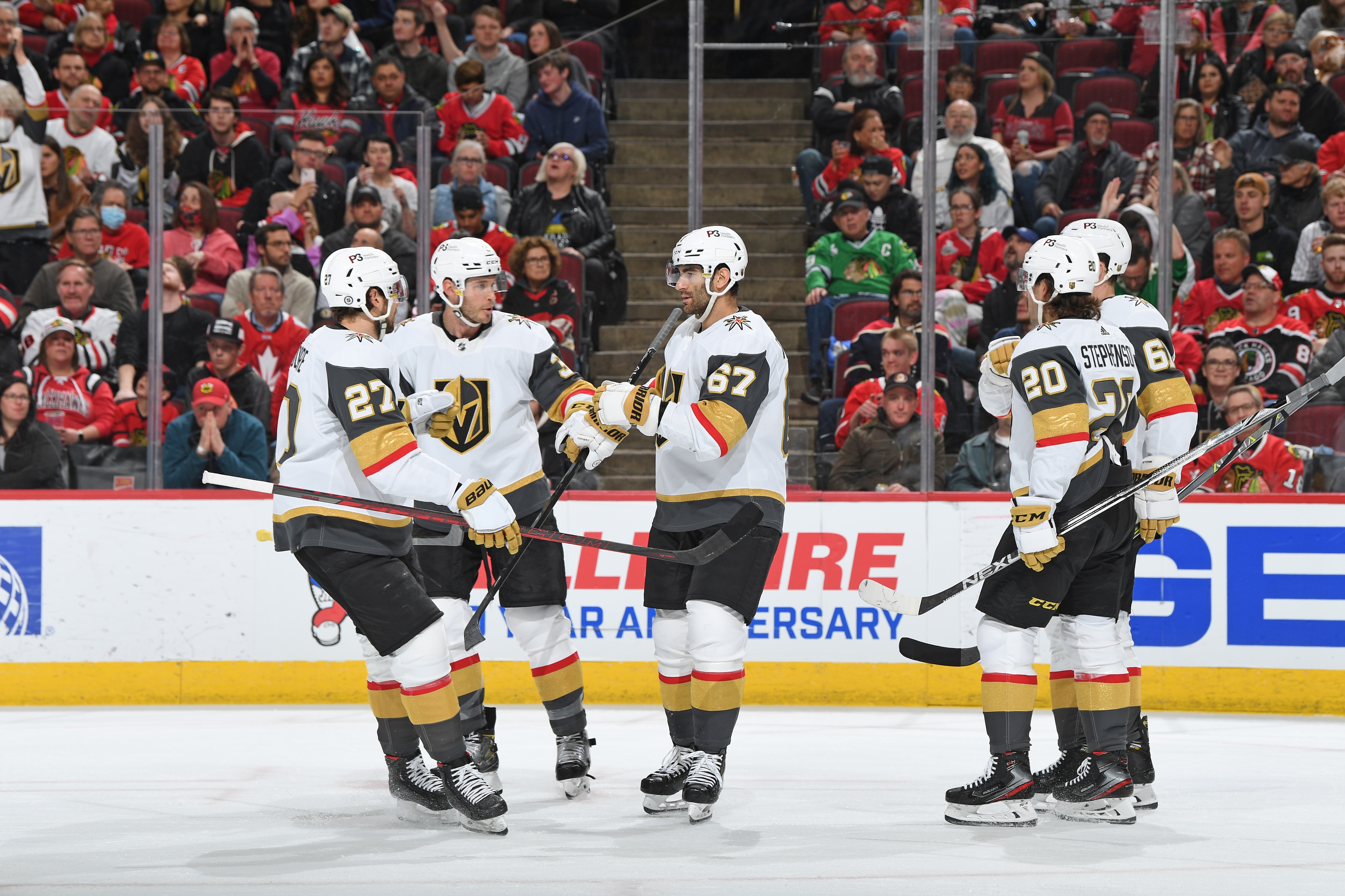 CHICAGO, ILLINOIS - APRIL 27: Max Pacioretty #67 of the Vegas Golden Knights (middle) celebrates with teammates after scoring against the Chicago Blackhawks in the second period at United Center on April 27, 2022 in Chicago, Illinois. (Photo by Bill Smith/NHLI via Getty Images)