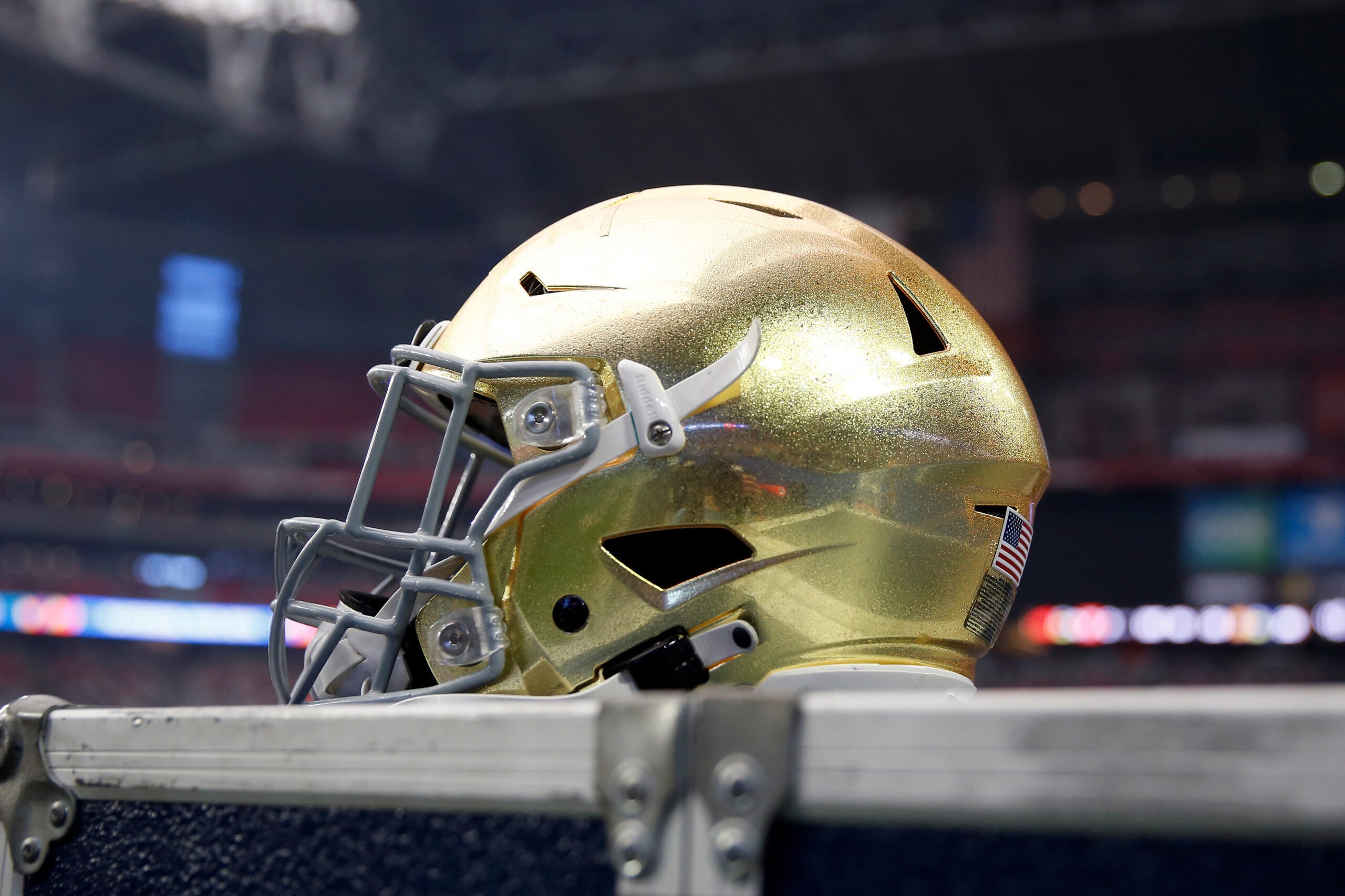 GLENDALE, ARIZONA - JANUARY 01: A closeup of a Notre Dame Fighting Irish helmet during the PlayStation Fiesta Bowl against the Oklahoma State Cowboys at State Farm Stadium on January 01, 2022 in Glendale, Arizona. The Cowboys defeated the Fighting Irish 37-35.  (Photo by Chris Coduto/Getty Images)