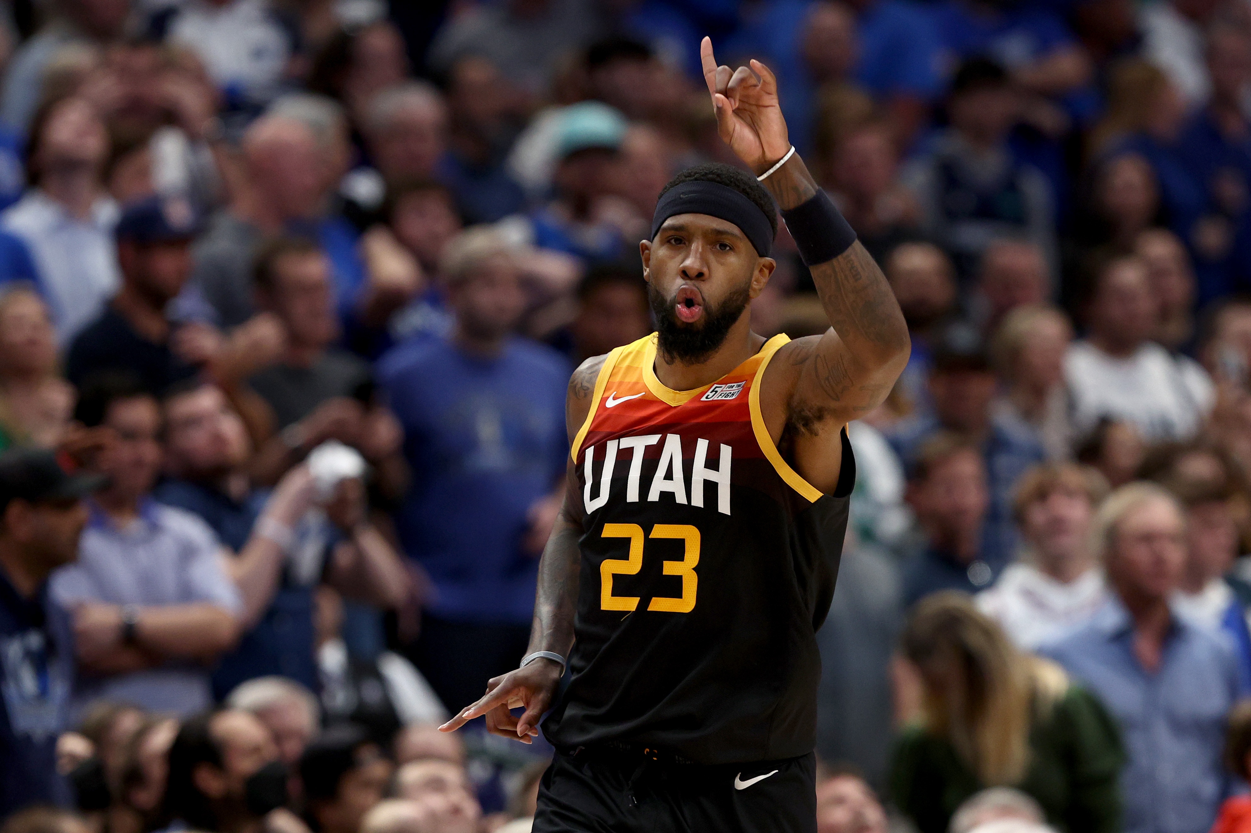 DALLAS, TEXAS - APRIL 18: Royce O'Neale #23 of the Utah Jazz reacts after scoring against the Dallas Mavericks in the fourth quarter of Game Two of the Western Conference First Round NBA Playoffs at American Airlines Center on April 18, 2022 in Dallas, Texas. NOTE TO USER: User expressly acknowledges and agrees that, by downloading and or using this photograph, User is consenting to the terms and conditions of the Getty Images License Agreement. (Photo by Tom Pennington/Getty Images)