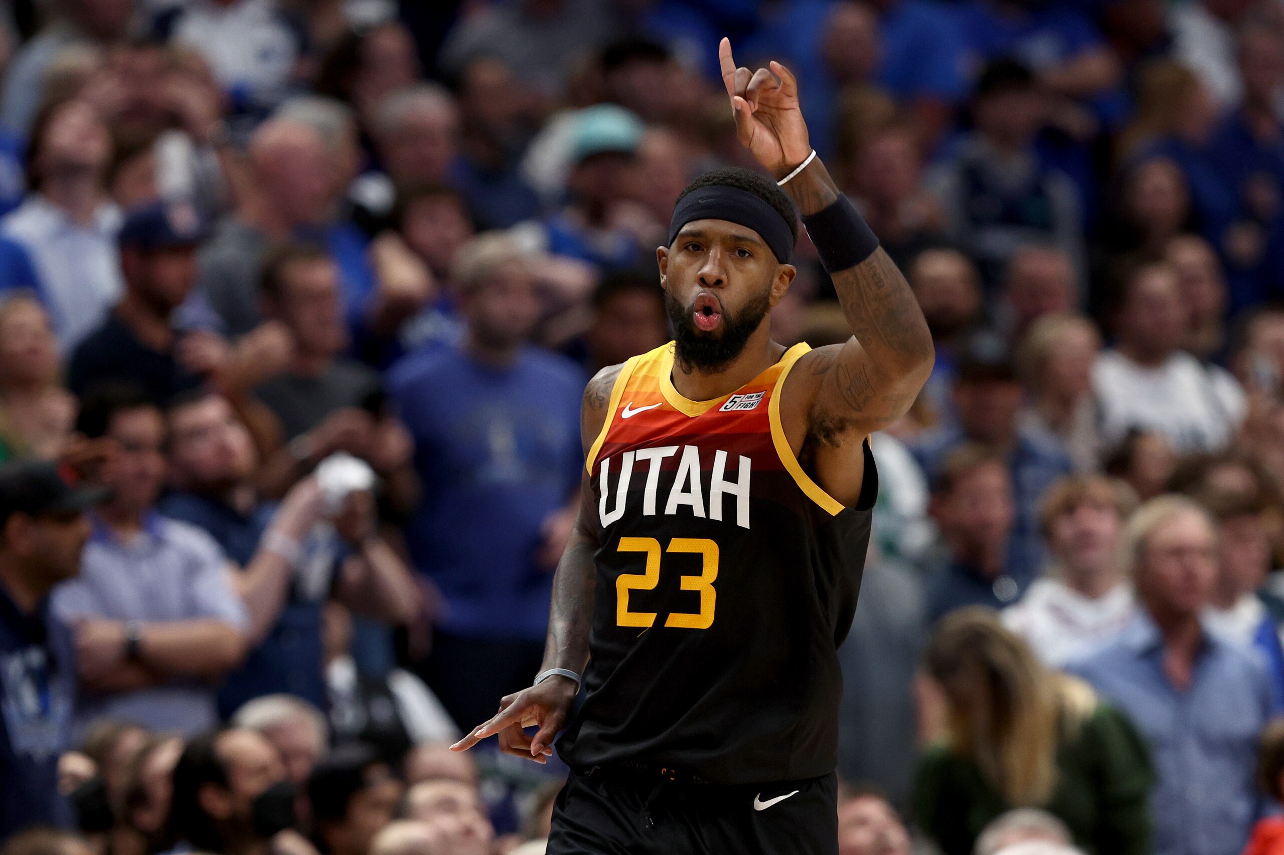 DALLAS, TEXAS - APRIL 18: Royce O'Neale #23 of the Utah Jazz reacts after scoring against the Dallas Mavericks in the fourth quarter of Game Two of the Western Conference First Round NBA Playoffs at American Airlines Center on April 18, 2022 in Dallas, Texas. NOTE TO USER: User expressly acknowledges and agrees that, by downloading and or using this photograph, User is consenting to the terms and conditions of the Getty Images License Agreement. (Photo by Tom Pennington/Getty Images)