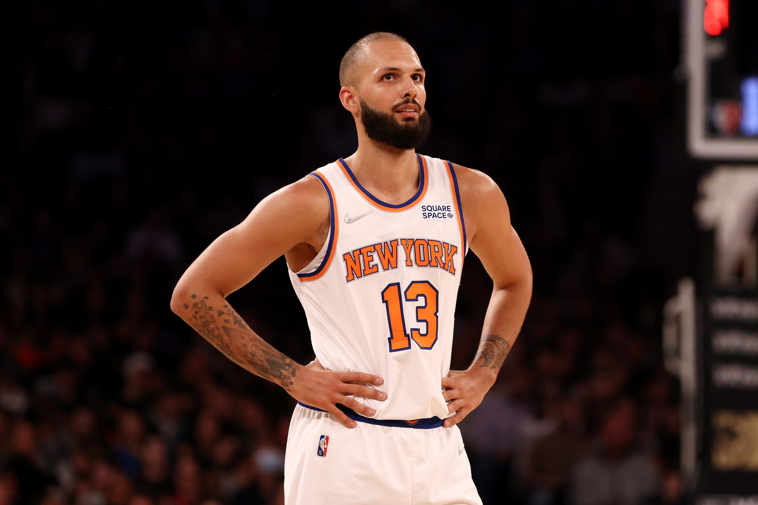 NEW YORK, NEW YORK - MARCH 30: Evan Fournier #13 of the New York Knicks in action against the Charlotte Hornets at Madison Square Garden on March 30, 2022 in New York City. NOTE TO USER: User expressly acknowledges and agrees that, by downloading and or using this photograph, User is consenting to the terms and conditions of the Getty Images License Agreement. Charlotte Hornets defeated the New York Knicks 125-114. (Photo by Mike Stobe/Getty Images)