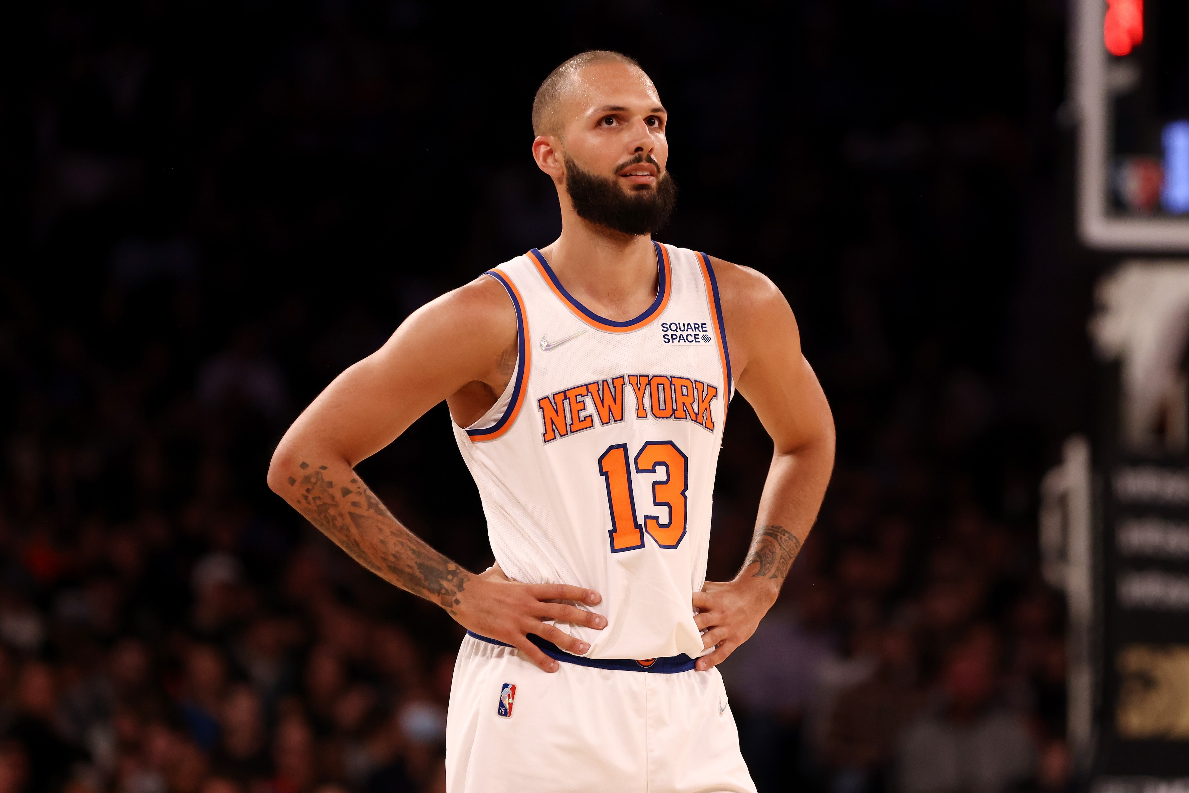 NEW YORK, NEW YORK - MARCH 30: Evan Fournier #13 of the New York Knicks in action against the Charlotte Hornets at Madison Square Garden on March 30, 2022 in New York City. NOTE TO USER: User expressly acknowledges and agrees that, by downloading and or using this photograph, User is consenting to the terms and conditions of the Getty Images License Agreement. Charlotte Hornets defeated the New York Knicks 125-114. (Photo by Mike Stobe/Getty Images)