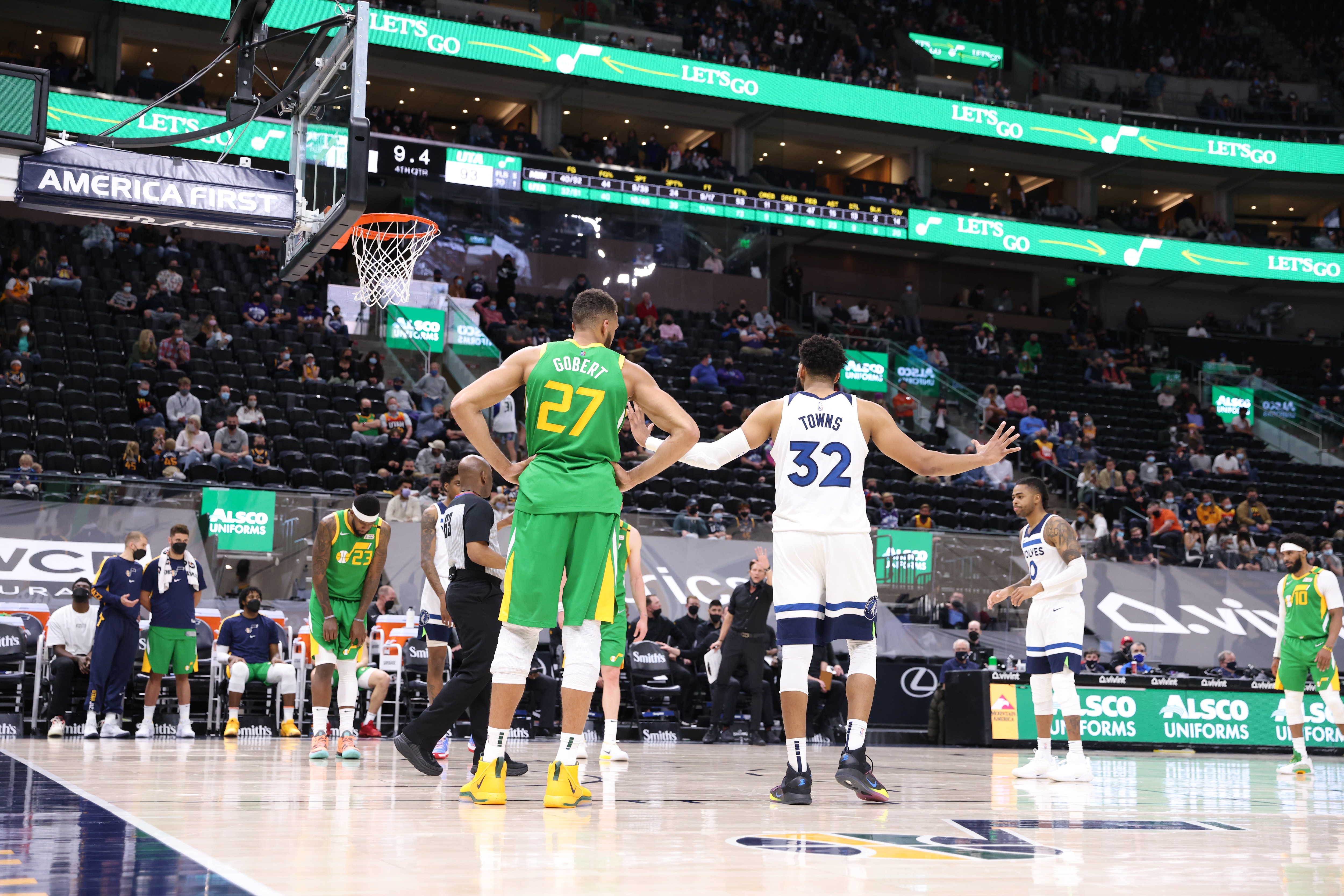 SALT LAKE CITY, UT - APRIL 24: Rudy Gobert #27 of the Utah Jazz and Karl-Anthony Towns #32 of the Minnesota Timberwolves looks on during the game on April 24, 2021 at vivint.SmartHome Arena in Salt Lake City, Utah. NOTE TO USER: User expressly acknowledges and agrees that, by downloading and or using this Photograph, User is consenting to the terms and conditions of the Getty Images License Agreement. Mandatory Copyright Notice: Copyright 2021 NBAE (Photo by Melissa Majchrzak/NBAE via Getty Images)