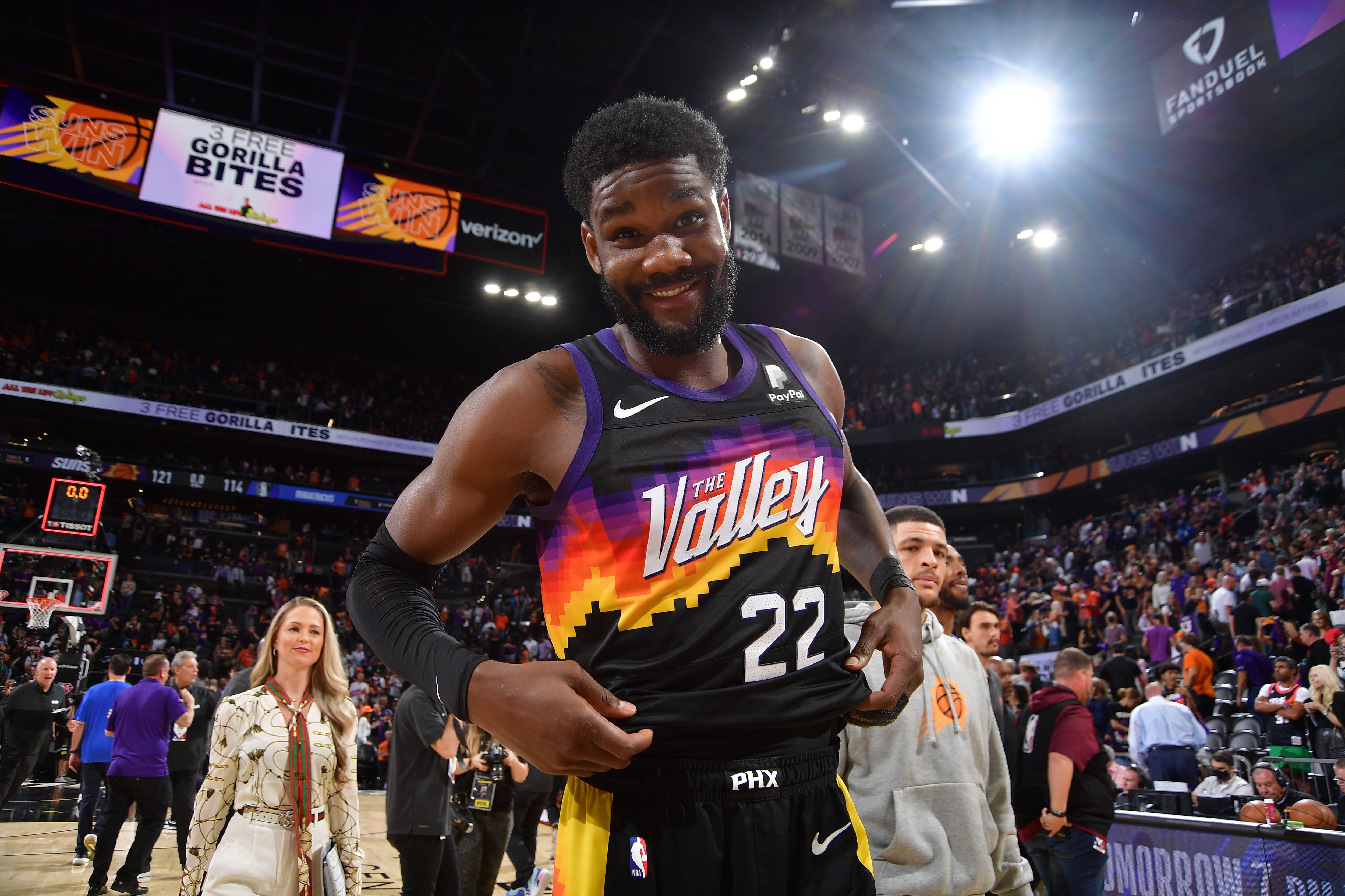 PHOENIX, AZ - MAY 2: Deandre Ayton #22 of the Phoenix Suns smiles after Game 1 of the 2022 NBA Playoffs Western Conference Semifinals on May 2, 2022 at Footprint Center in Phoenix, Arizona. NOTE TO USER: User expressly acknowledges and agrees that, by downloading and or using this photograph, user is consenting to the terms and conditions of the Getty Images License Agreement. Mandatory Copyright Notice: Copyright 2022 NBAE (Photo by Michael Gonzales/NBAE via Getty Images)
