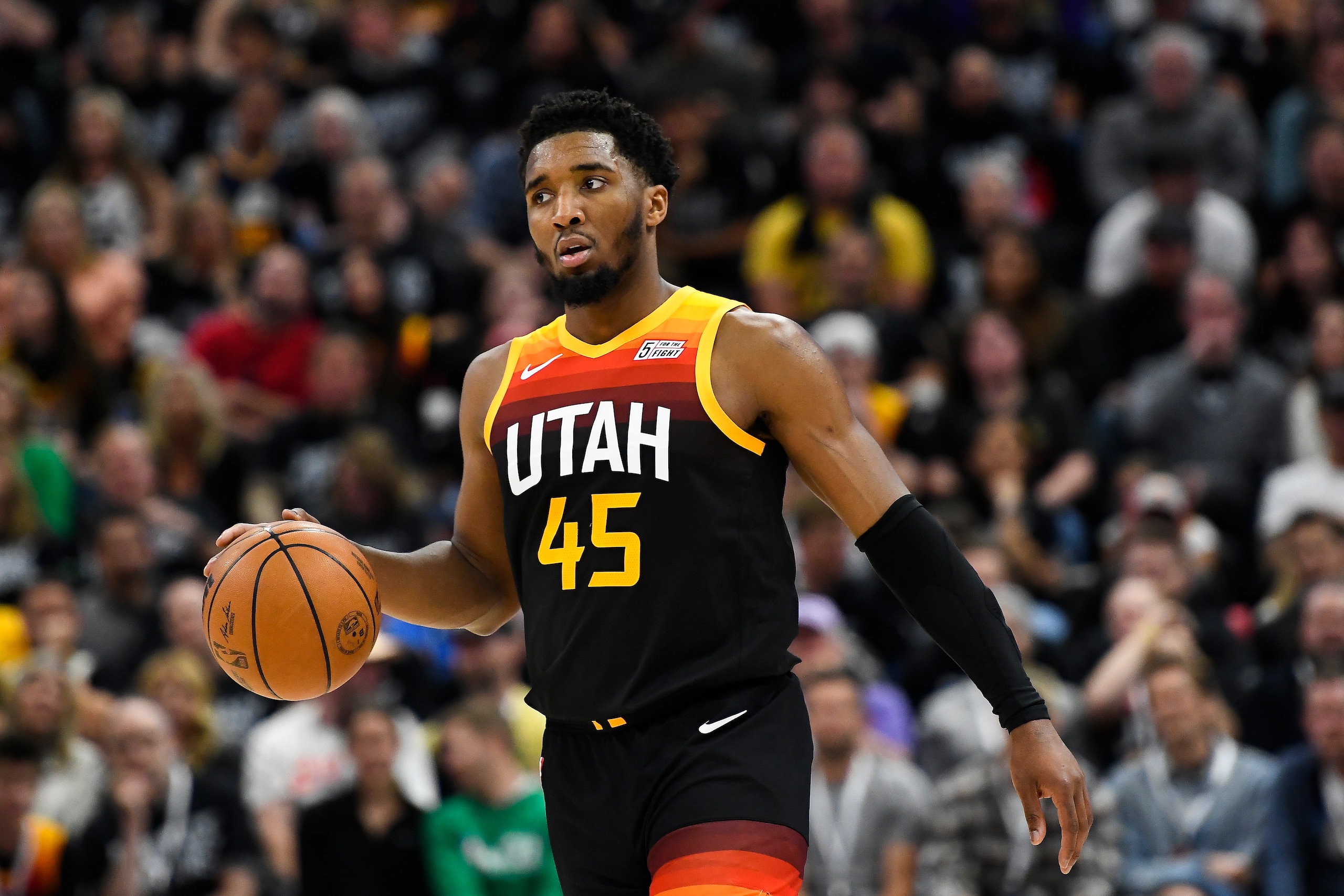 SALT LAKE CITY, UTAH - APRIL 28: Donovan Mitchell #45 of the Utah Jazz in action during the second half of Game 6 of the Western Conference First Round Playoffs against the Dallas Mavericks at Vivint Smart Home Arena on April 28, 2022 in Salt Lake City, Utah. NOTE TO USER: User expressly acknowledges and agrees that, by downloading and/or using this Photograph, user is consenting to the terms and conditions of the Getty Images License Agreement. (Photo by Alex Goodlett/Getty Images)