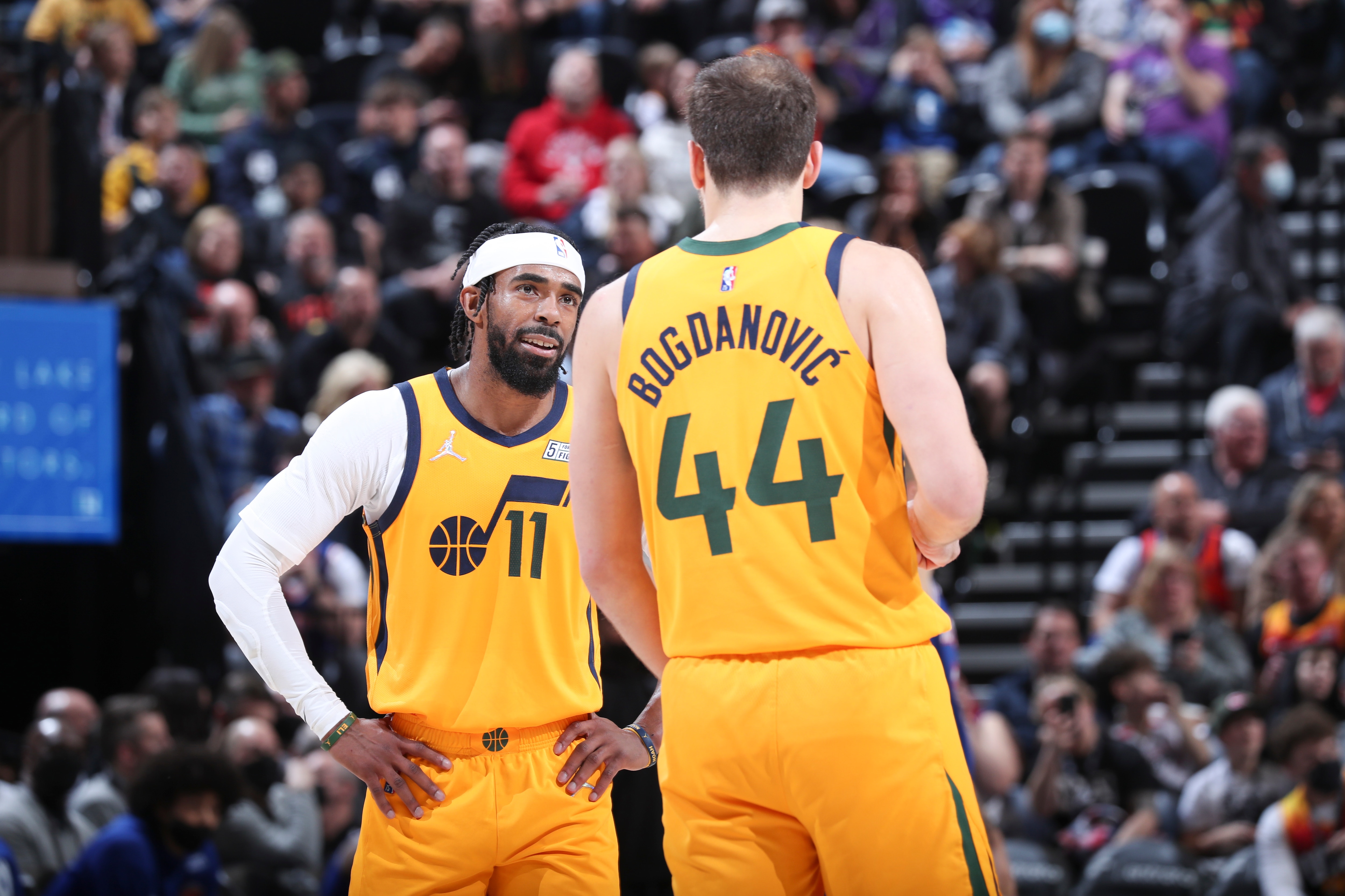 SALT LAKE CITY, UT - FEBRUARY 7: Mike Conley #11 of the Utah Jazz talks to Bojan Bogdanovic #44 of the Utah Jazz during the game against the New York Knicks on February 7, 2022 at vivint.SmartHome Arena in Salt Lake City, Utah. NOTE TO USER: User expressly acknowledges and agrees that, by downloading and or using this Photograph, User is consenting to the terms and conditions of the Getty Images License Agreement. Mandatory Copyright Notice: Copyright 2022 NBAE (Photo by Melissa Majchrzak/NBAE via Getty Images)