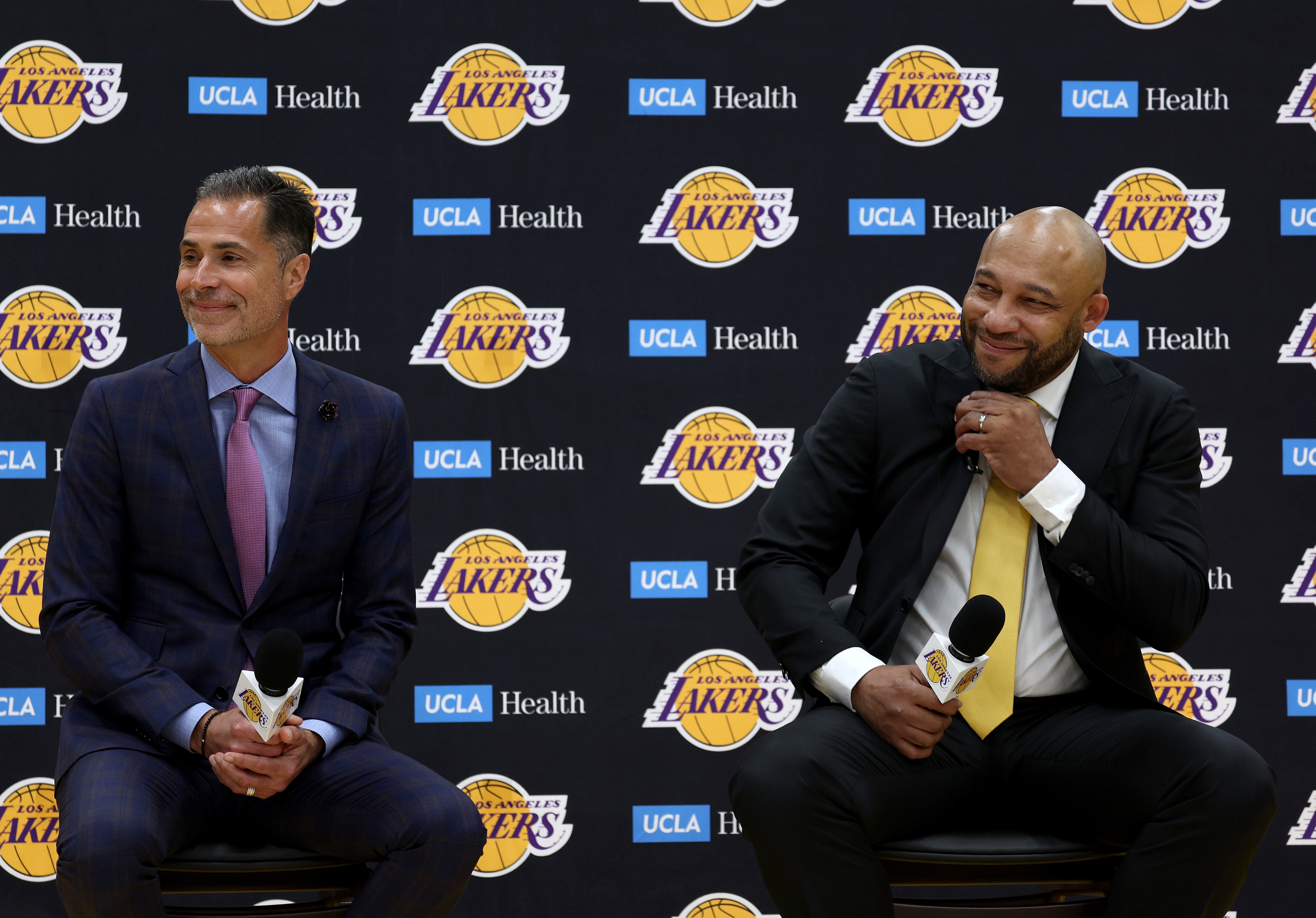 EL SEGUNDO, CALIFORNIA - JUNE 06: New head coach of the Los Angeles Lakers Darvin Ham speaks to the media with Rob Pelinka Vice President Operations of the Los Angeles Lakers during a press conference at UCLA Health Training Center on June 06, 2022 in El Segundo, California. (Photo by Harry How/Getty Images)