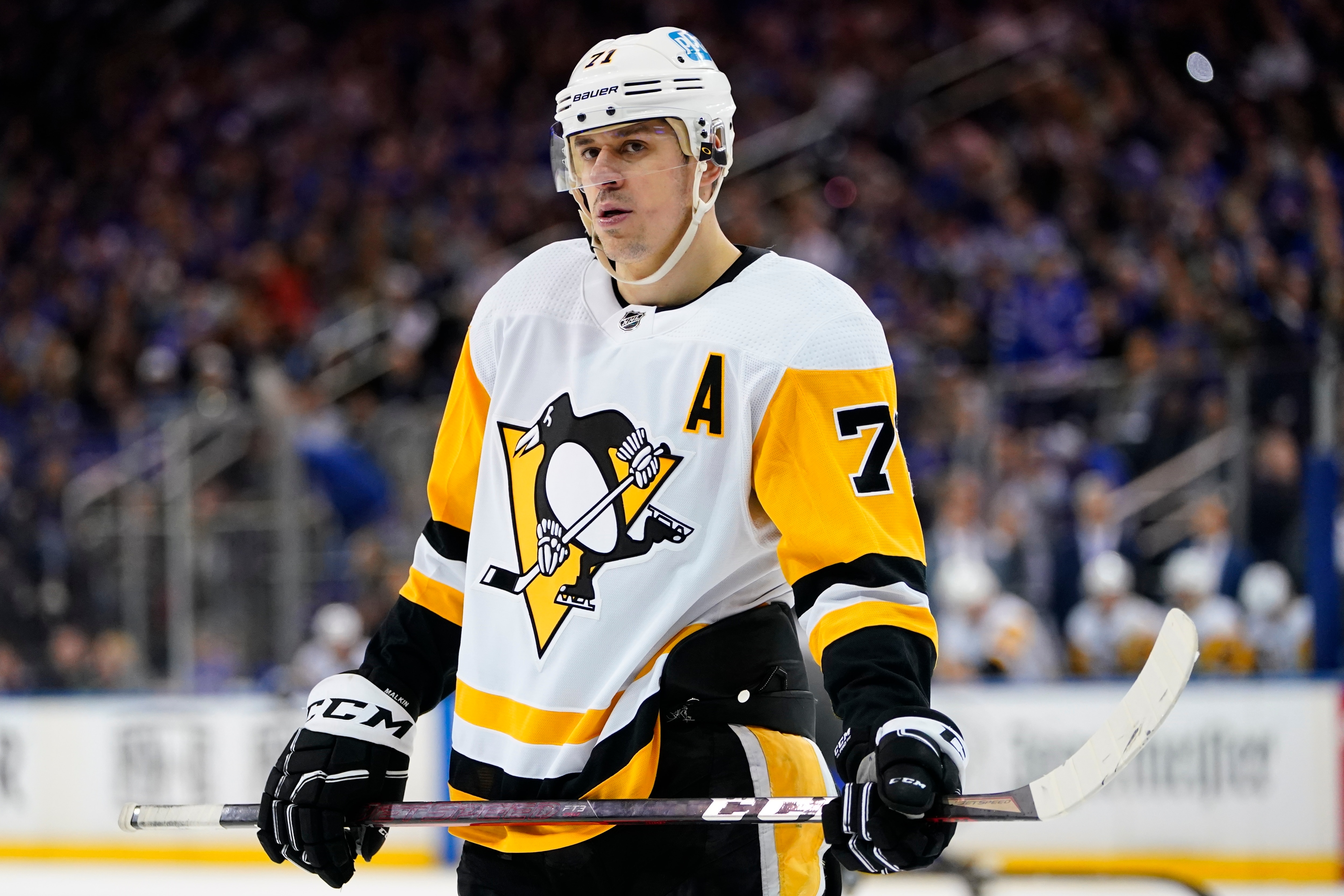 Pittsburgh Penguins' Evgeni Malkin (71) during the first period of Game 2 of an NHL hockey Stanley Cup first-round playoff series against the New York Rangers Thursday, May 5, 2022, in New York. (AP Photo/Frank Franklin II)
