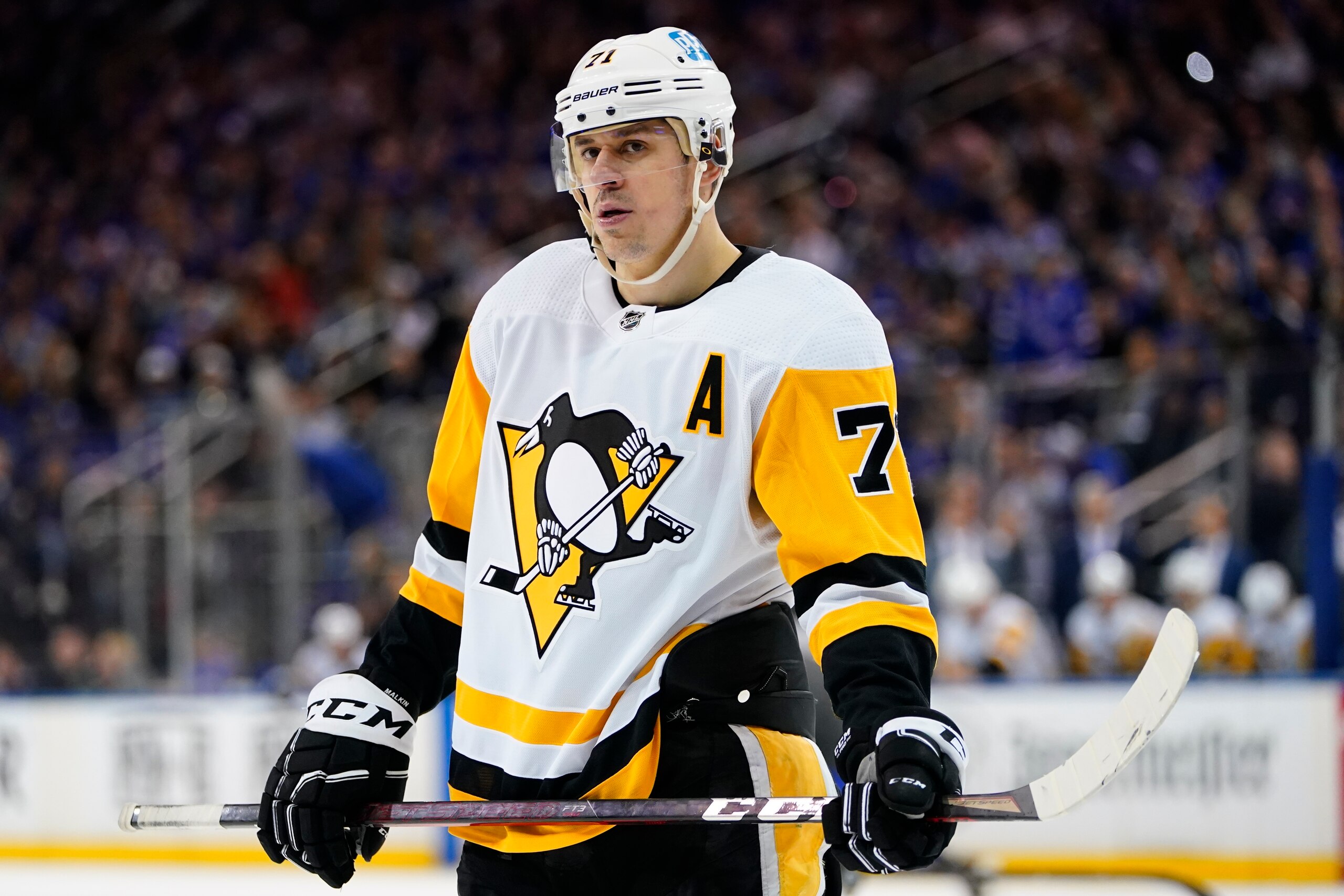 Pittsburgh Penguins' Evgeni Malkin (71) during the first period of Game 2 of an NHL hockey Stanley Cup first-round playoff series against the New York Rangers Thursday, May 5, 2022, in New York. (AP Photo/Frank Franklin II)