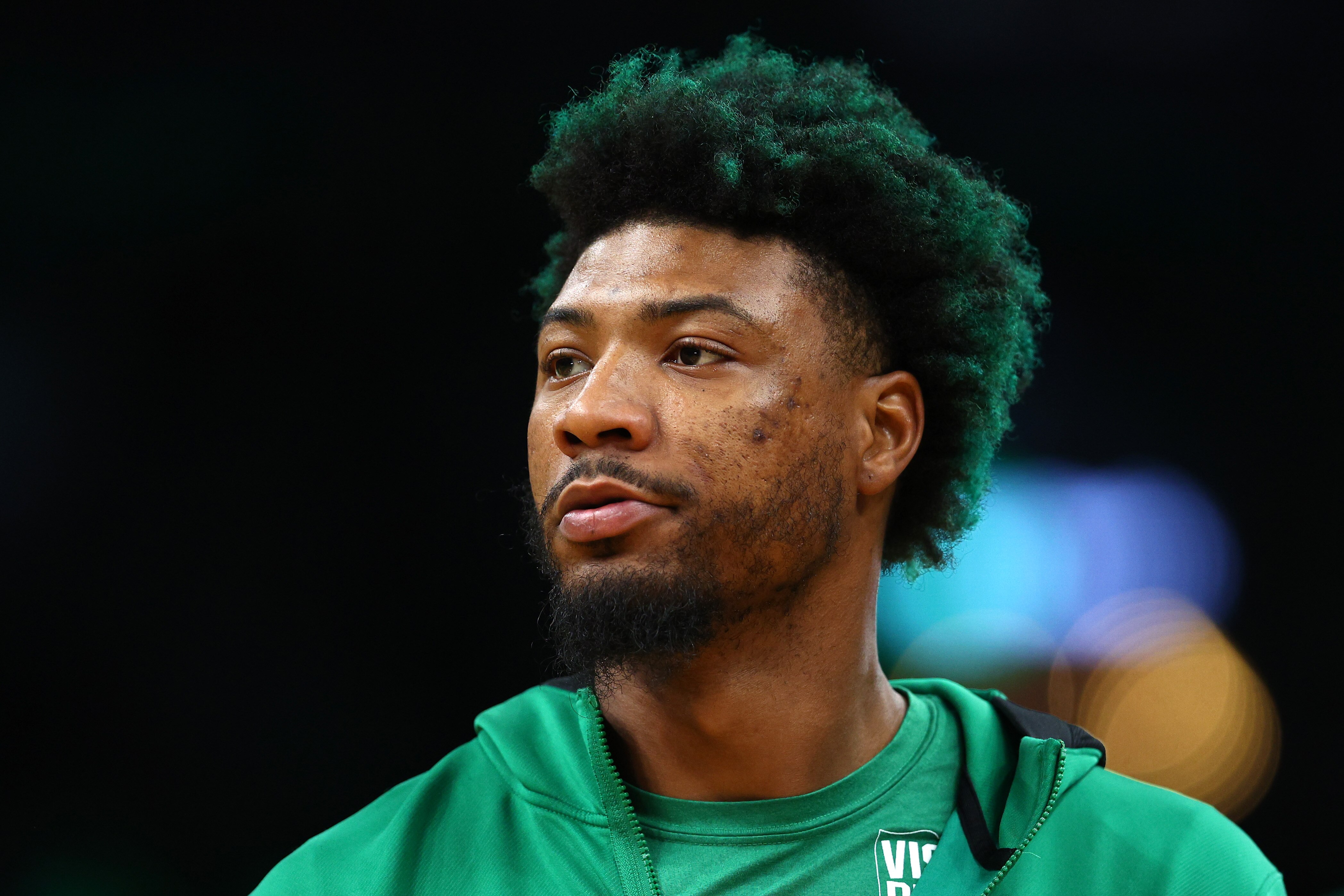 BOSTON, MASSACHUSETTS - JUNE 16: Marcus Smart #36 of the Boston Celtics looks on prior to Game Six of the 2022 NBA Finals against the Golden State Warriors at TD Garden on June 16, 2022 in Boston, Massachusetts. NOTE TO USER: User expressly acknowledges and agrees that, by downloading and/or using this photograph, User is consenting to the terms and conditions of the Getty Images License Agreement. (Photo by Elsa/Getty Images)