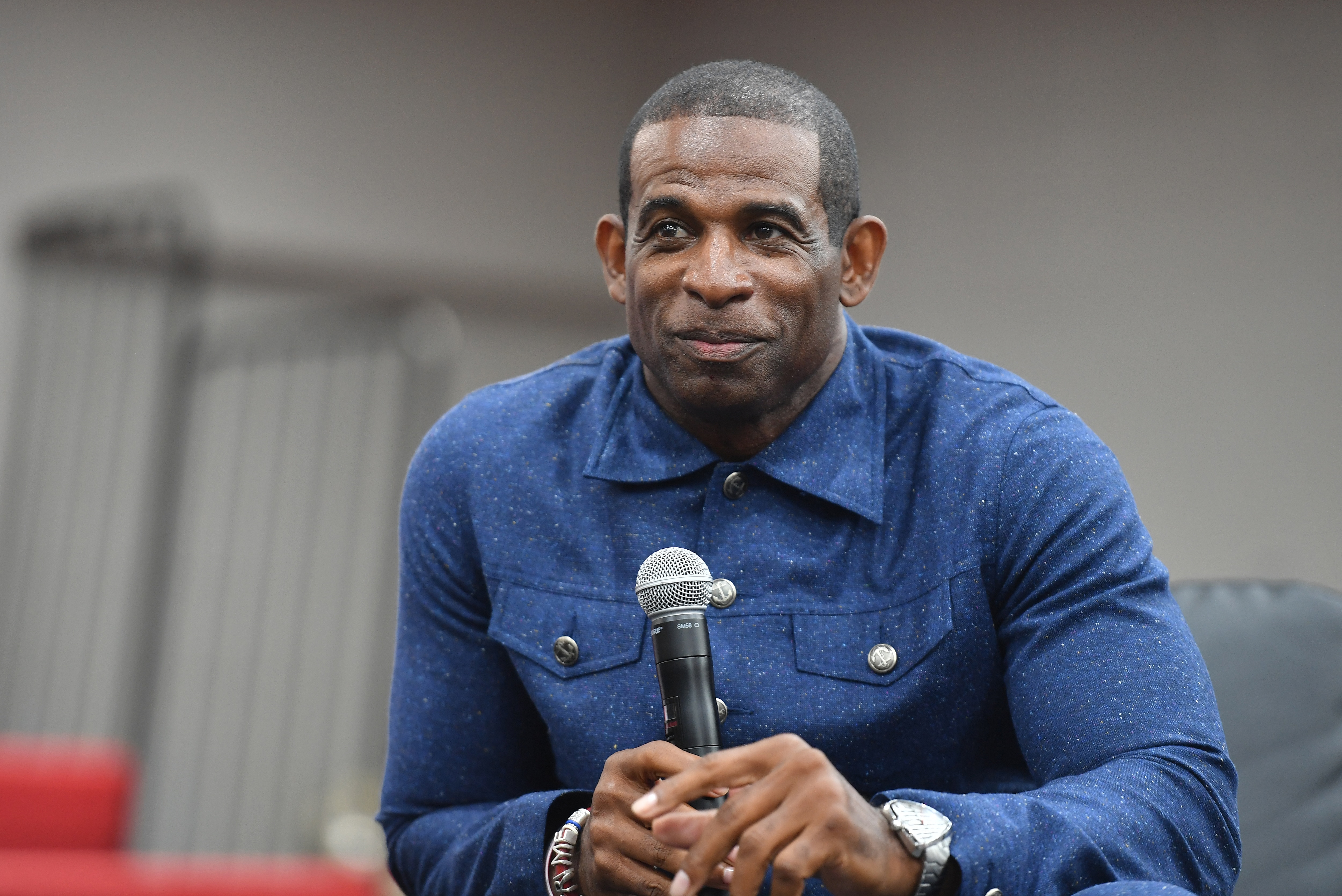 ATLANTA, GEORGIA - JUNE 17:  Deion Sanders, Jackson State University Head Football coach, speaks onstage during The Big Homecoming Event at Clark Atlanta University on June 17, 2022 in Atlanta, Georgia. (Photo by Paras Griffin/Getty Images)