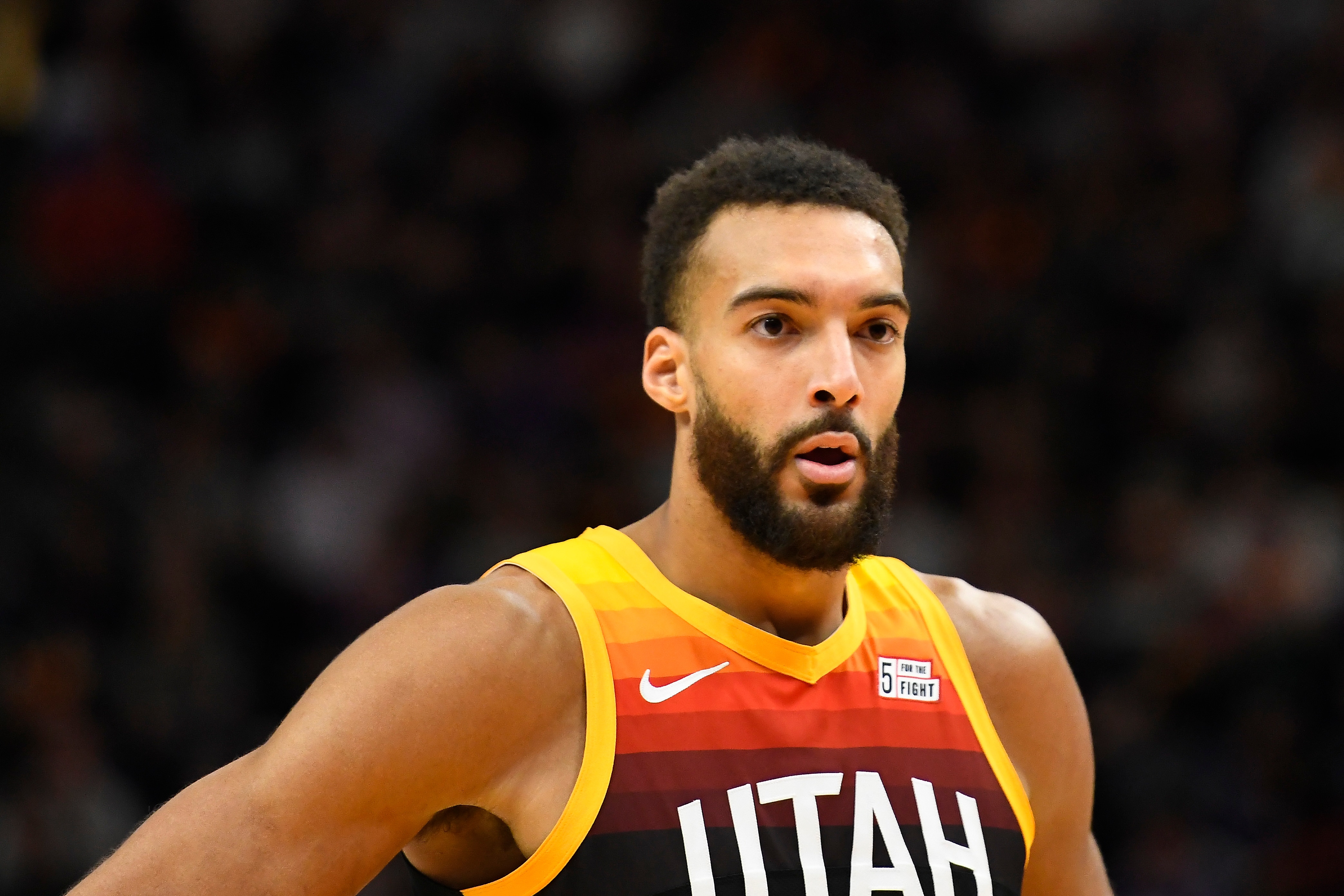 SALT LAKE CITY, UTAH - APRIL 08: Rudy Gobert #27 of the Utah Jazz looks on during the second half of a game against the Phoenix Suns at Vivint Smart Home Arena on April 08, 2022 in Salt Lake City, Utah. NOTE TO USER: User expressly acknowledges and agrees that, by downloading and or using this photograph, User is consenting to the terms and conditions of the Getty Images License Agreement. (Photo by Alex Goodlett/Getty Images)