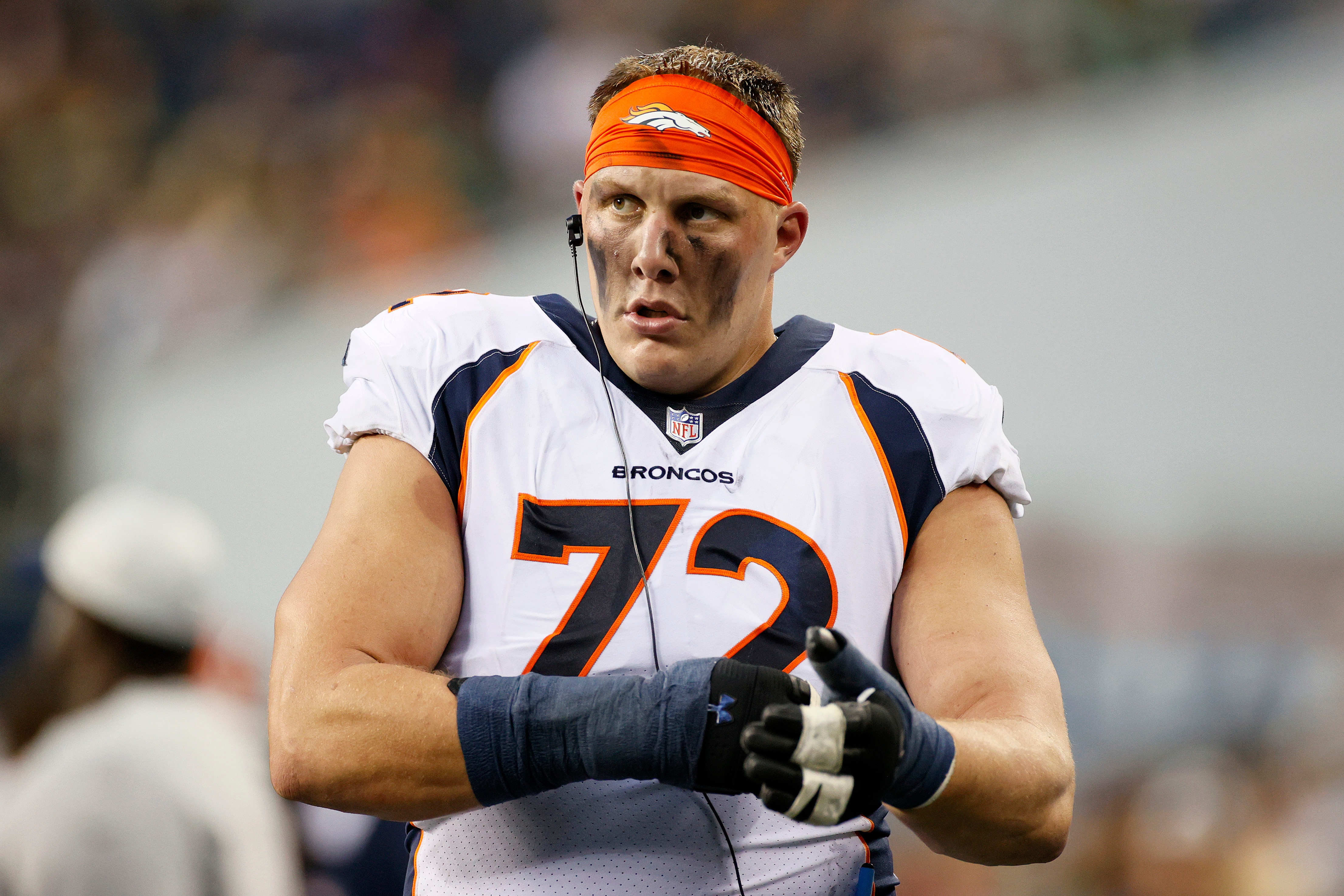 SEATTLE, WASHINGTON - AUGUST 21: Offensive tackle Garett Bolles #72 of the Denver Broncos look on during an NFL preseason game against the Seattle Seahawks at Lumen Field on August 21, 2021 in Seattle, Washington. The Denver Broncos beat the Seattle Seahawks 30-3. (Photo by Steph Chambers/Getty Images)