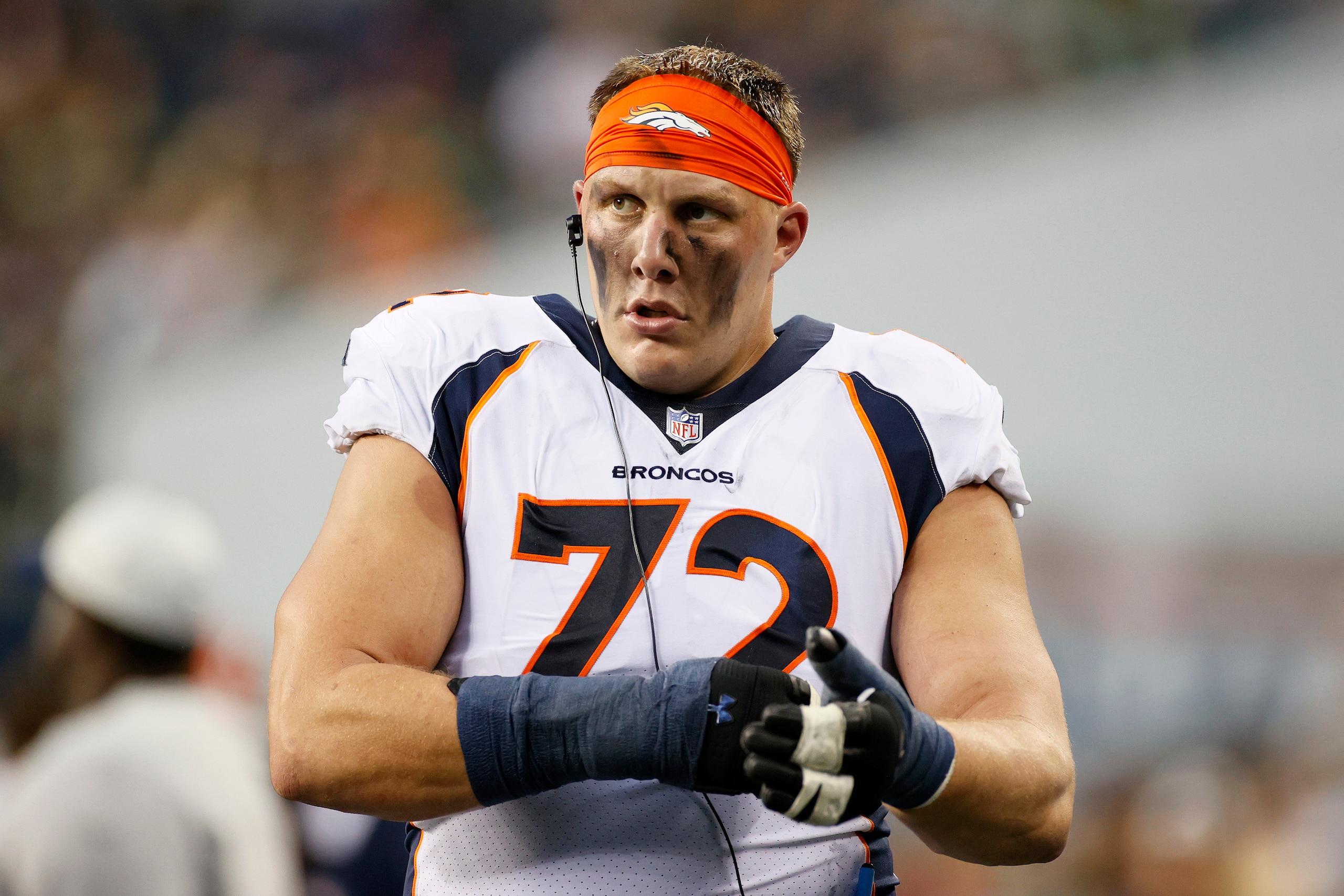 SEATTLE, WASHINGTON - AUGUST 21: Offensive tackle Garett Bolles #72 of the Denver Broncos look on during an NFL preseason game against the Seattle Seahawks at Lumen Field on August 21, 2021 in Seattle, Washington. The Denver Broncos beat the Seattle Seahawks 30-3. (Photo by Steph Chambers/Getty Images)