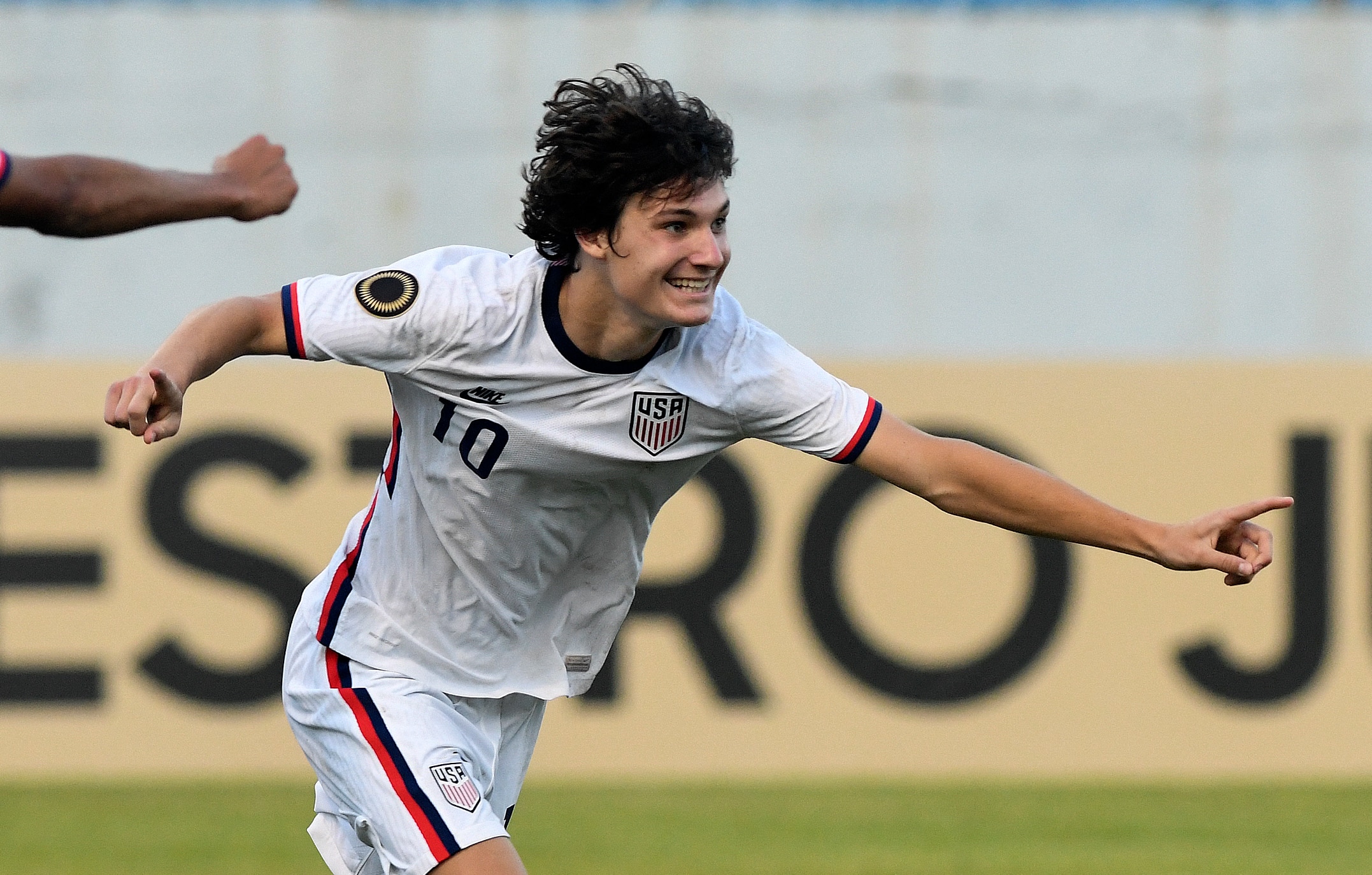 Paxten Aaronson of the US celebrates after scoring against Costa Rica during a Concacaf U-20 World Cup quarterfinal football match at the Francisco Morazan stadium in San Pedro Sula, Honduras, on June 28, 2022. (Photo by Orlando SIERRA / AFP) (Photo by ORLANDO SIERRA/AFP via Getty Images)