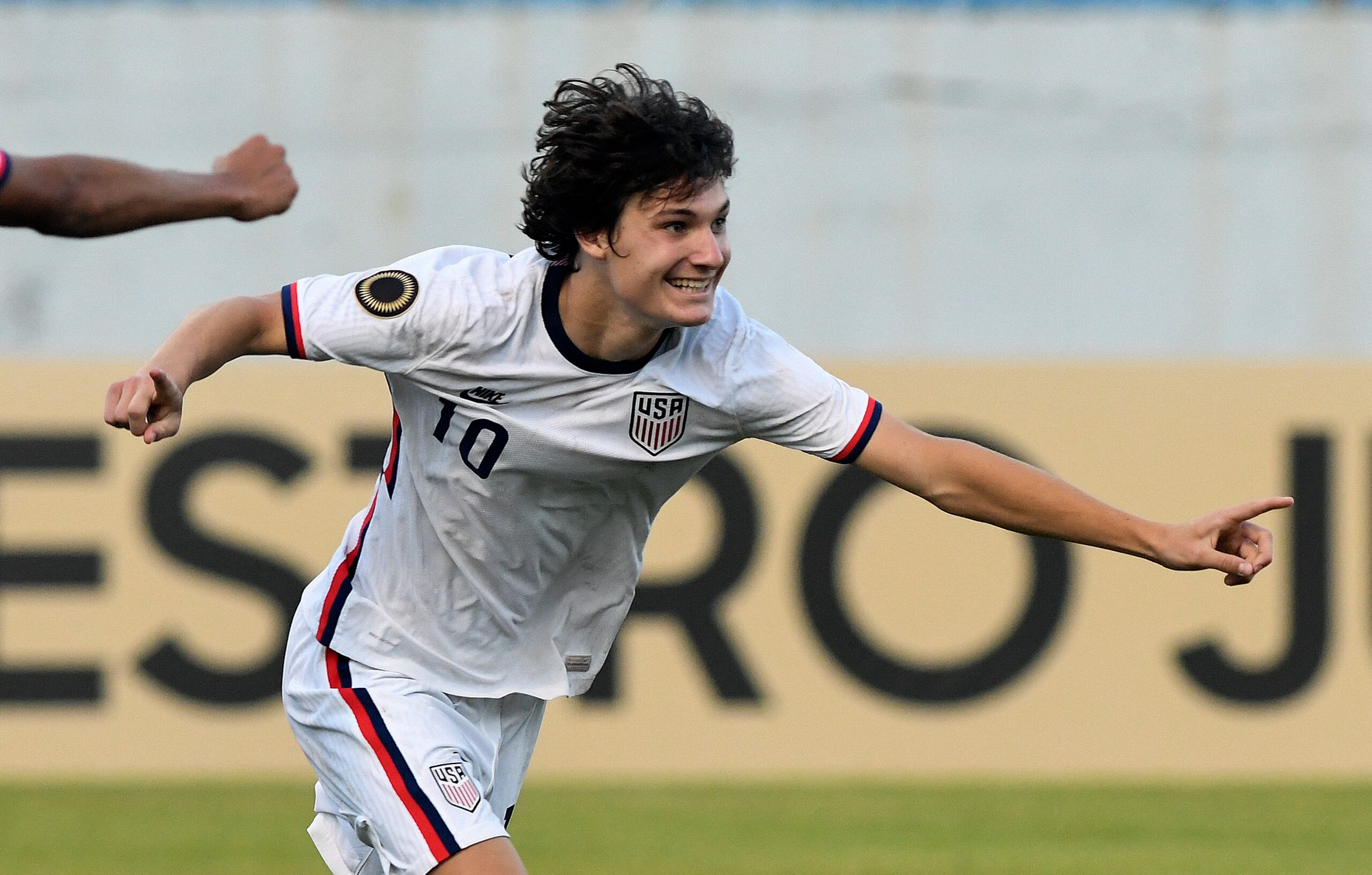 Paxten Aaronson of the US celebrates after scoring against Costa Rica during a Concacaf U-20 World Cup quarterfinal football match at the Francisco Morazan stadium in San Pedro Sula, Honduras, on June 28, 2022. (Photo by Orlando SIERRA / AFP) (Photo by ORLANDO SIERRA/AFP via Getty Images)