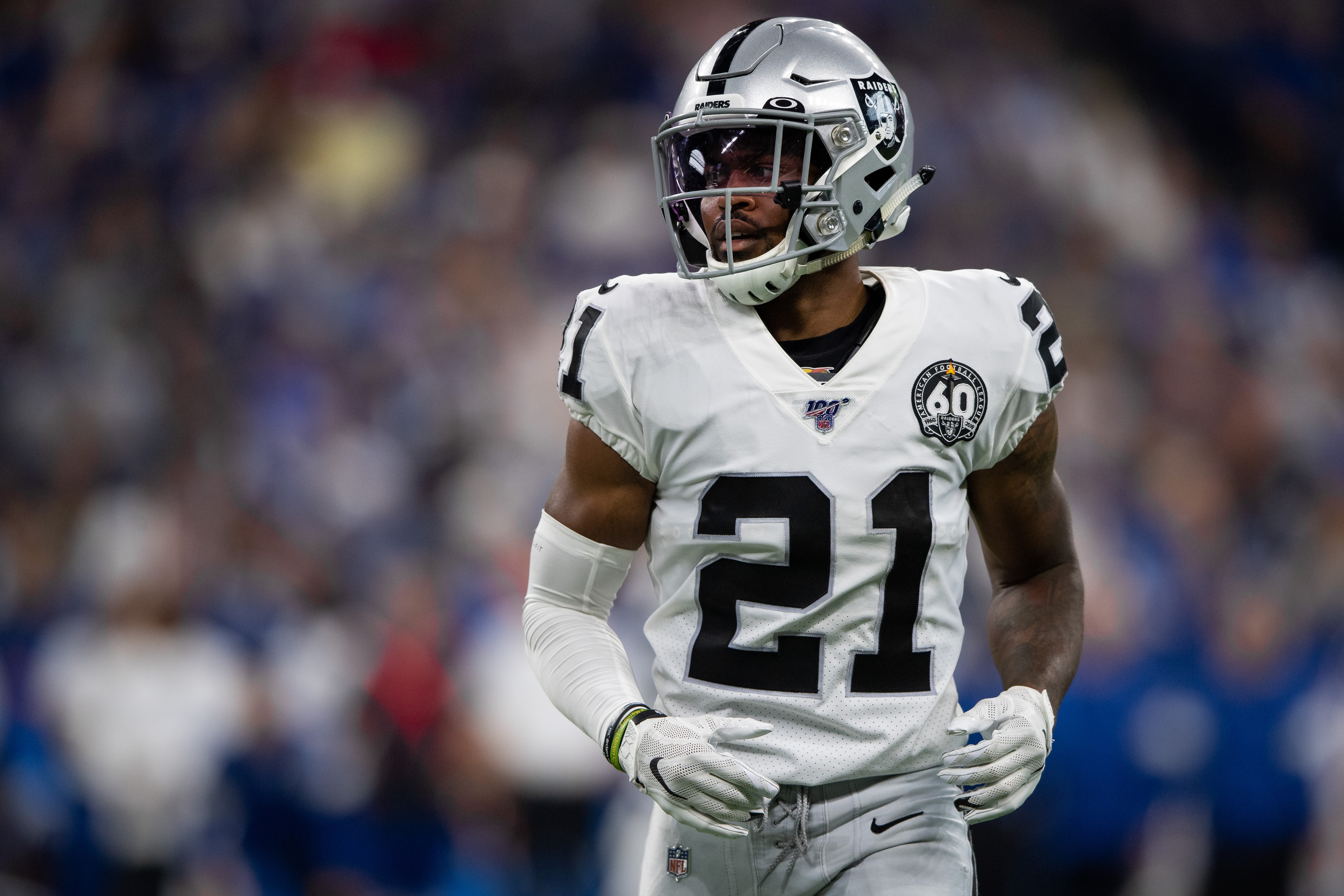 INDIANAPOLIS, IN - SEPTEMBER 29: Oakland Raiders cornerback Gareon Conley (21) lines up on defense during the NFL game between the Oakland Raiders and the Indianapolis Colts on September 29, 2019 at Lucas Oil Stadium, in Indianapolis, IN. (Photo by Zach Bolinger/Icon Sportswire via Getty Images)