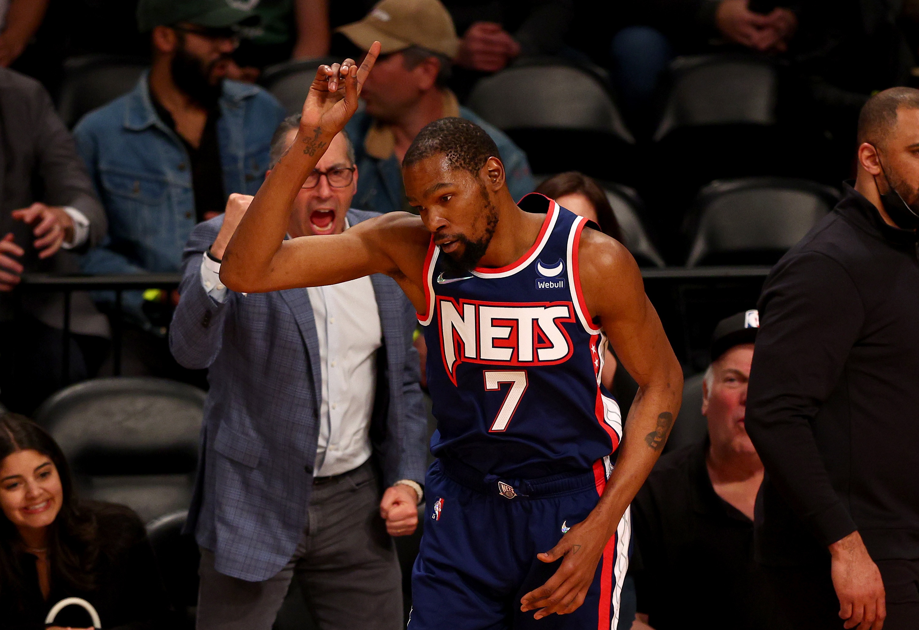 NEW YORK, NEW YORK - APRIL 25: Kevin Durant #7 of the Brooklyn Nets celebrates his three point shot in the first quarter against the Boston Celtics during Game Four of the Eastern Conference First Round Playoffs against the Boston Celtics at Barclays Center on April 25, 2022 in the Brooklyn borough of New York City. NOTE TO USER: User expressly acknowledges and agrees that, by downloading and or using this photograph, User is consenting to the terms and conditions of the Getty Images License Agreement. (Photo by Elsa/Getty Images)
